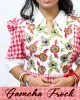 Gamcha frock with floral embroidery and puffed sleeves