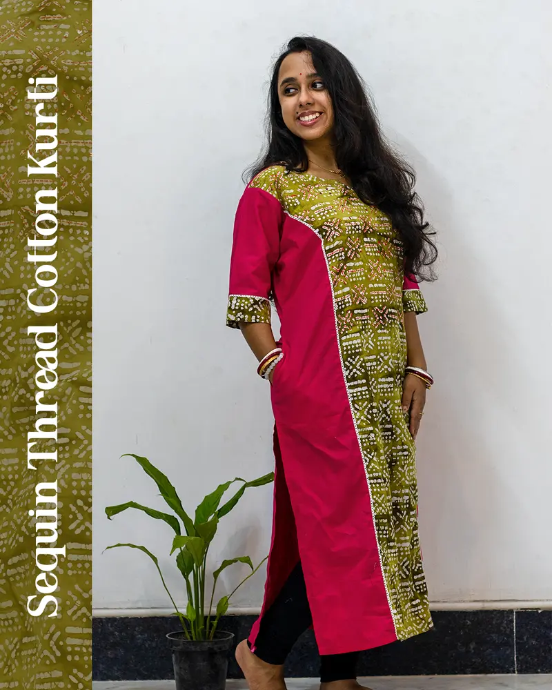 Woman wearing pink sequin thread cotton kurti styled for daily elegance