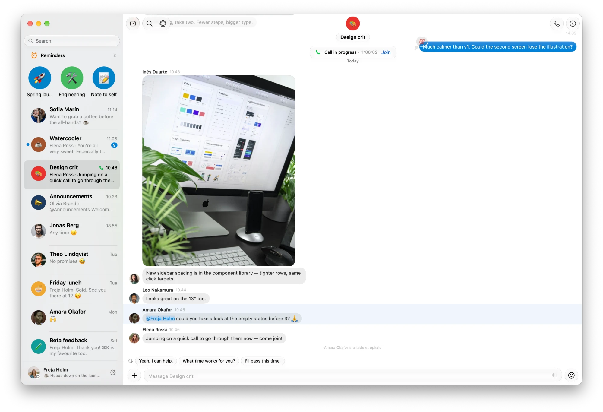 A group conversation in kvidr: a large shared picture, replies under it, a highlighted mention, a bar saying a call is in progress with a Join button, and three suggested replies above the message field.