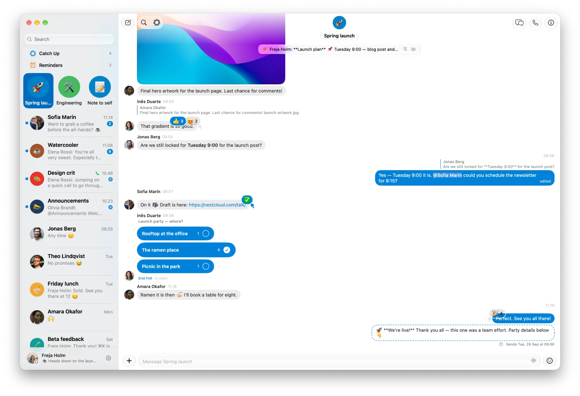kvidr on the Mac: the sidebar with Catch Up, Reminders, favourites as faces and the conversation list, and the Spring launch group open — a pinned message, a poll with votes, reactions, a reply, and a message scheduled for Tuesday morning.