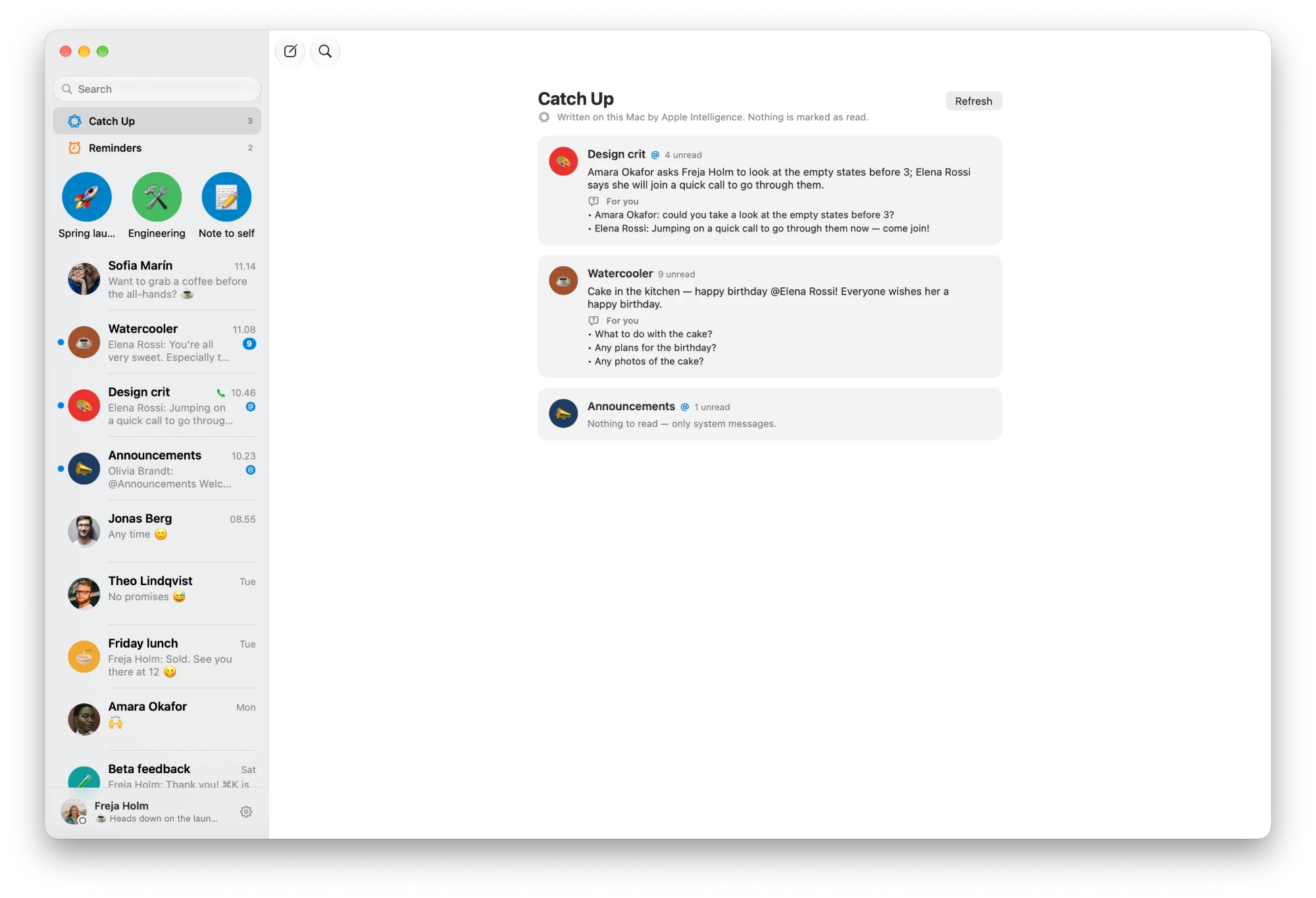 The Catch Up page in kvidr: a card per unread conversation — Design crit, Watercooler and Announcements — each with a summary and a “For you” list of what is asked of you.