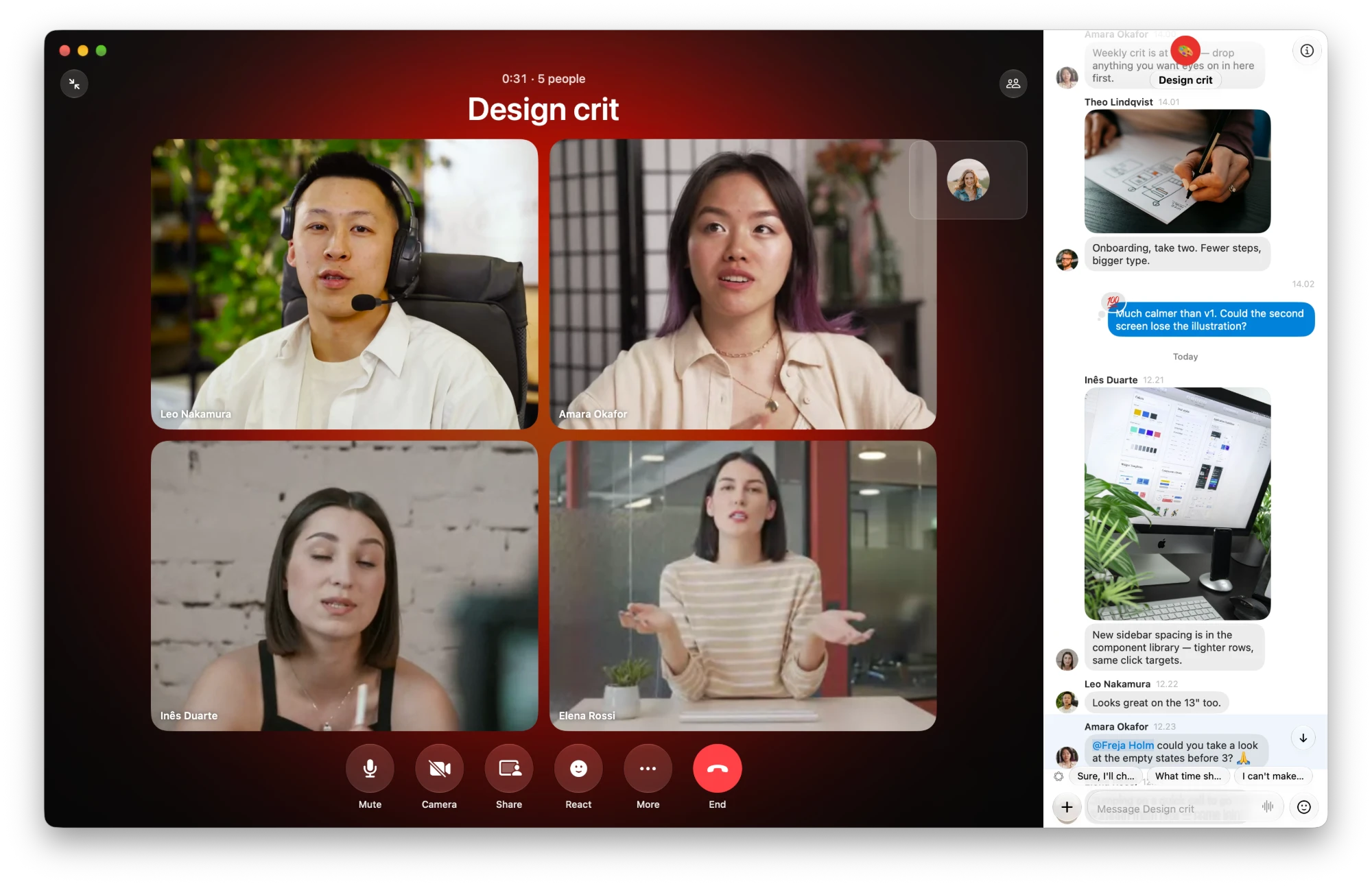 A group video call in kvidr: four people in video tiles on a red backdrop, a fifth with the camera off, mute, camera, share, react, more and end buttons below, and the group’s conversation in a column on the right.