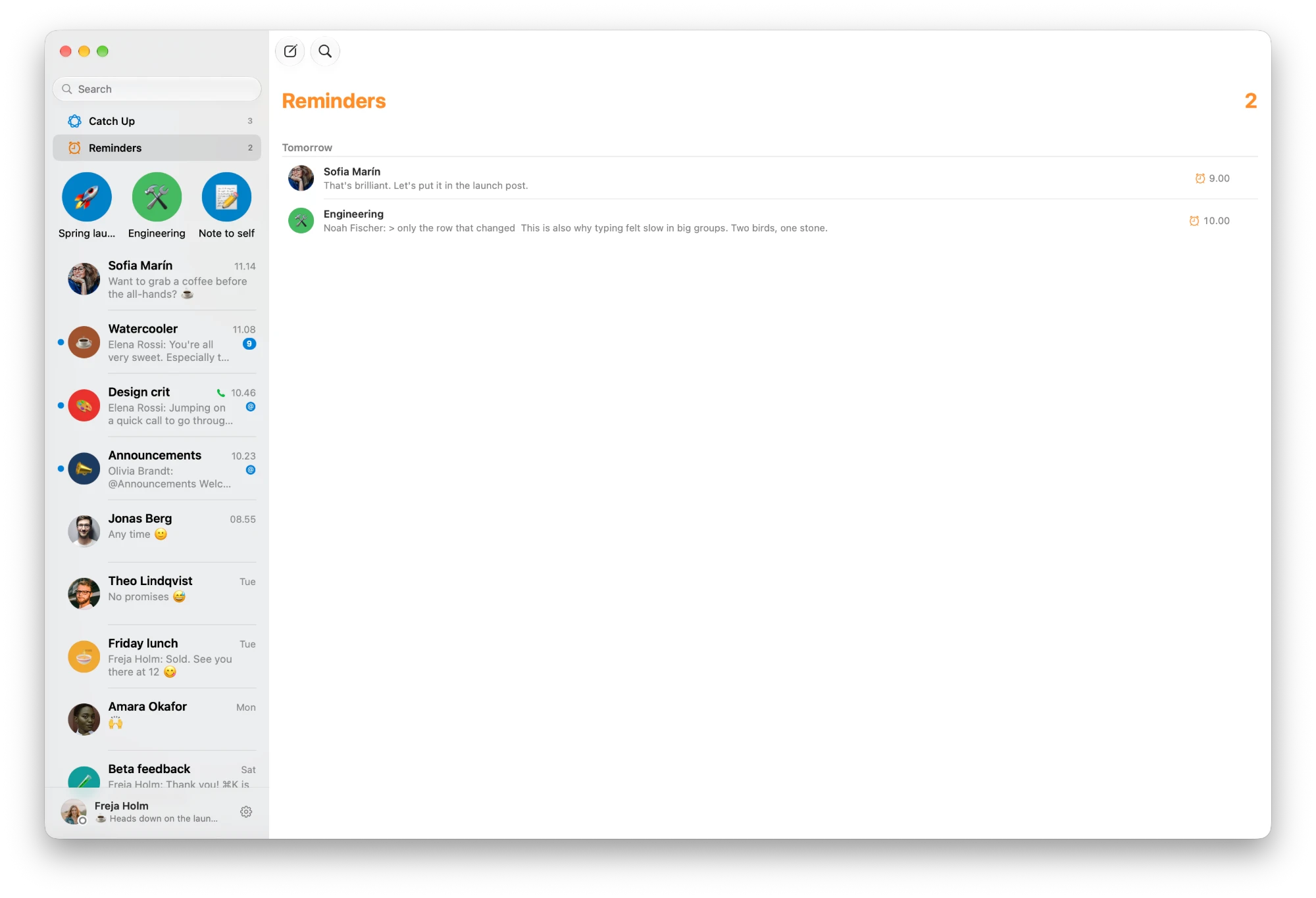 The Reminders page in kvidr: “Reminders” in orange with a count of two, and under “Tomorrow” a message from Sofia Marín at 9.00 and one in Engineering at 10.00.