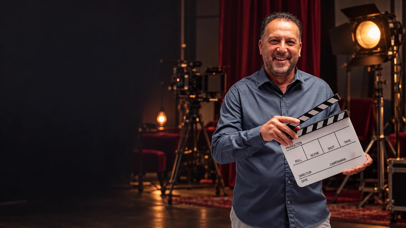 Retrato editado de João Ribeiro sem óculos, com claquete num cenário de cinema