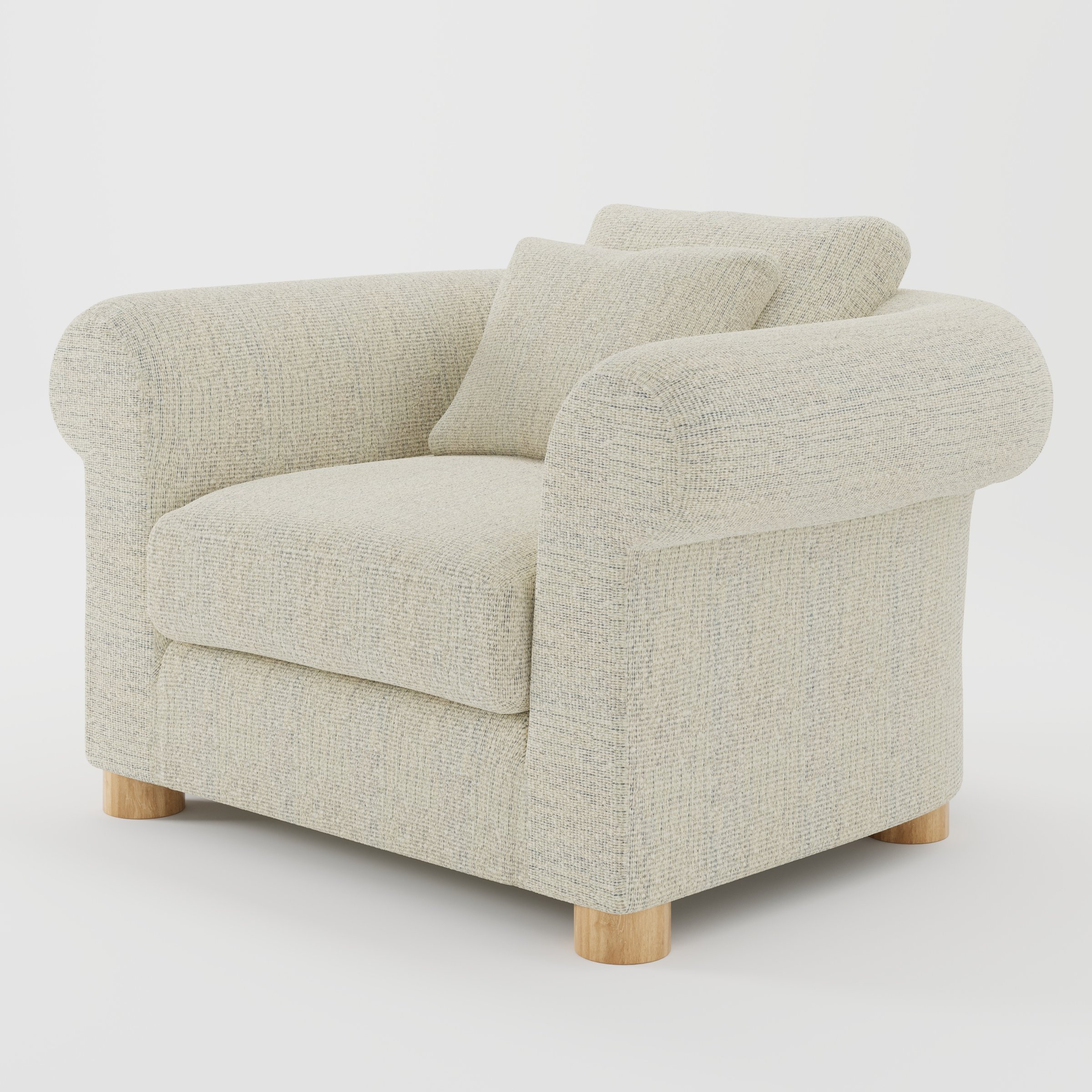 Windermere armchair in Orsay Boucle Cream and Marine shown at a diagonal angle highlighting rounded arms and relaxed seat depth.