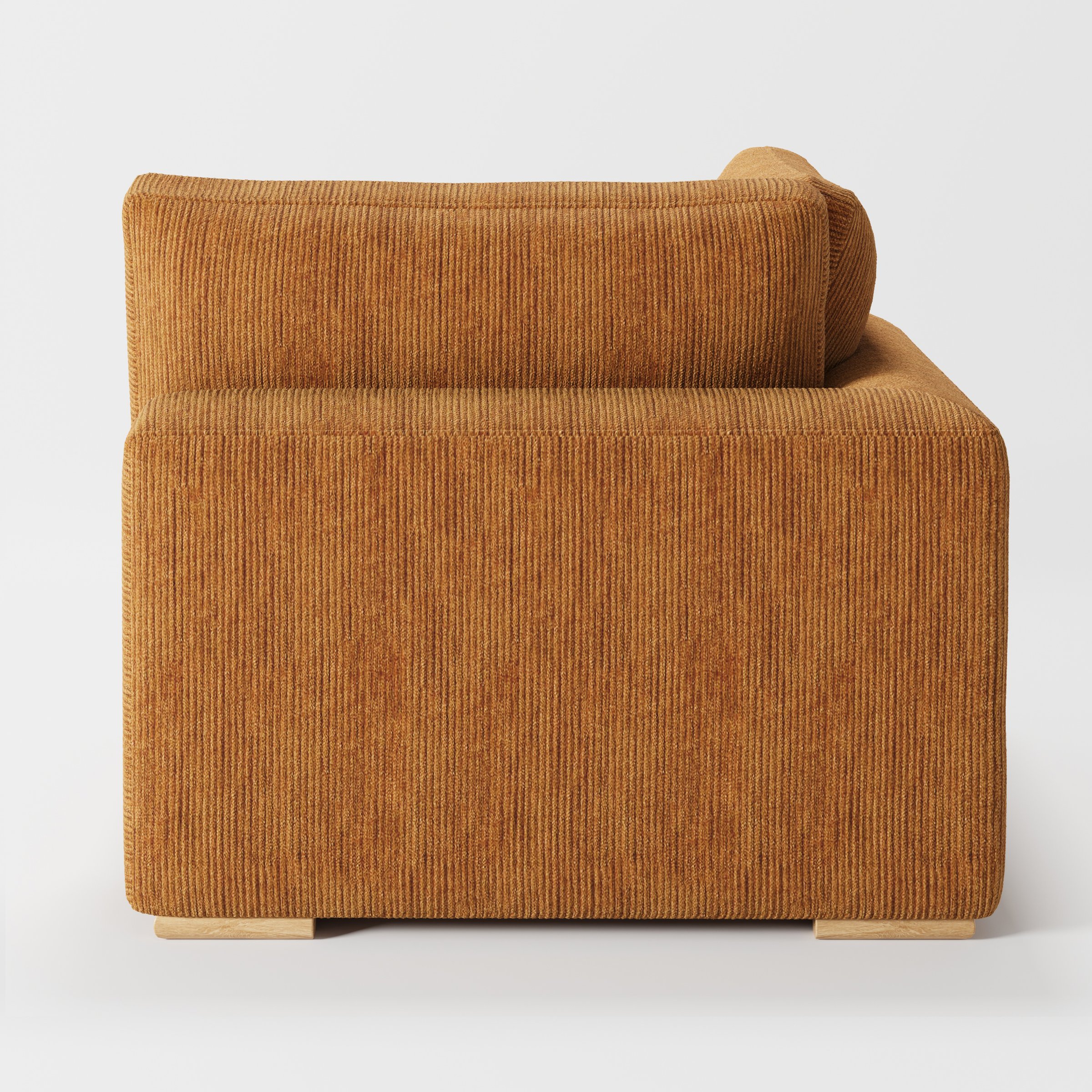 Olton corner unit in Caldey velvet corduroy tobacco fabric, back view emphasising clean lines and fully upholstered rear