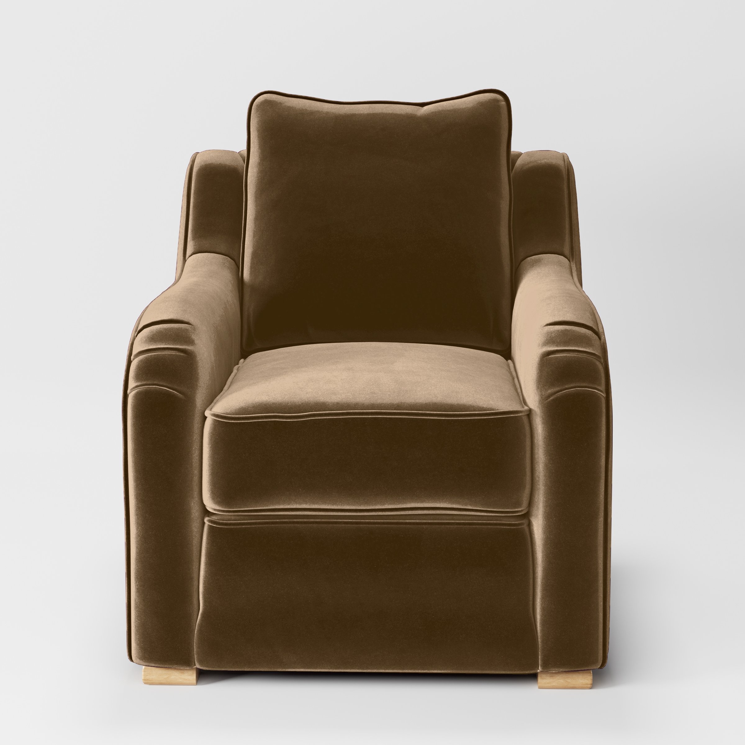 Front view of the Cashel armchair upholstered in Plush EasyClean Velvet in Caribou.