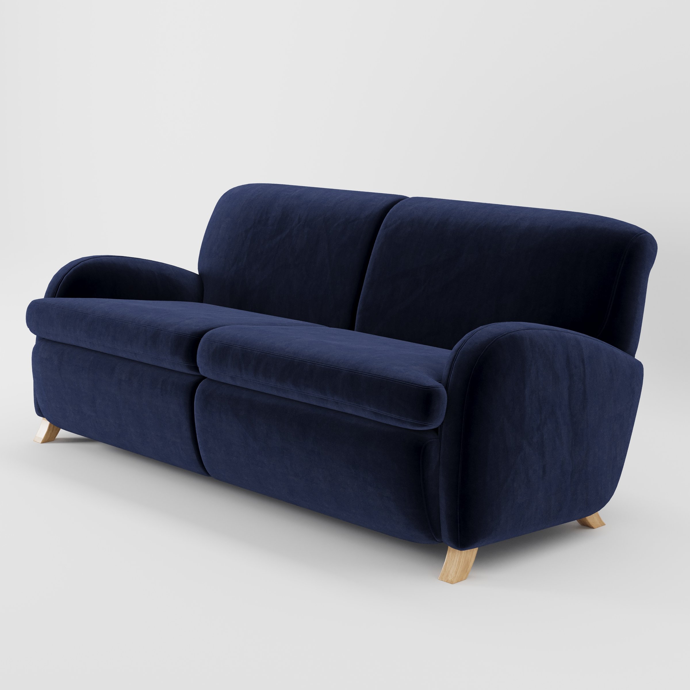 Rye sofa in Noss Velvet Navy shown at a diagonal angle highlighting arm profile and seat depth.