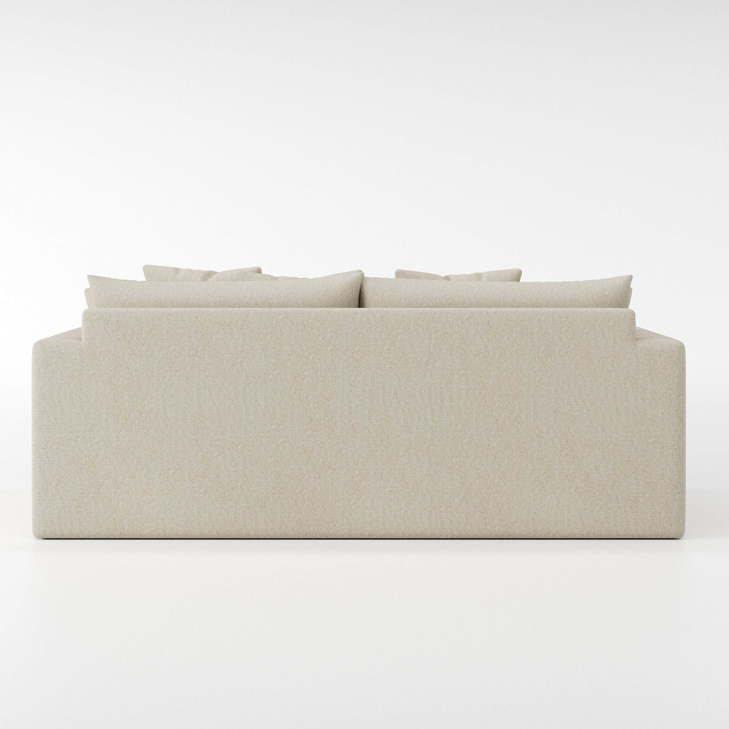 Coniston sofa in Alderney Linen Oatmeal shown from the rear highlighting back cushions and upholstery finish.