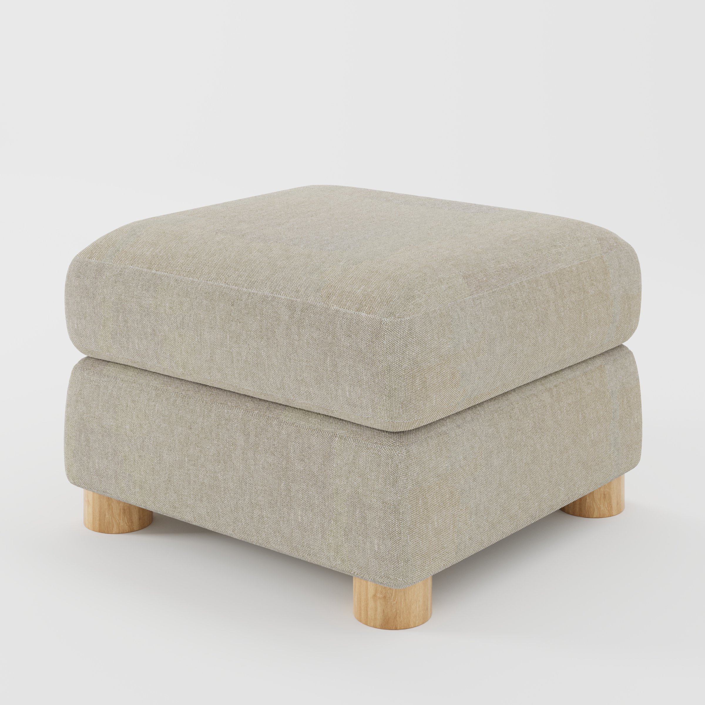 Windermere footstool in Alderney Linen Oatmeal shown at a diagonal angle highlighting soft corners and rounded wooden feet.