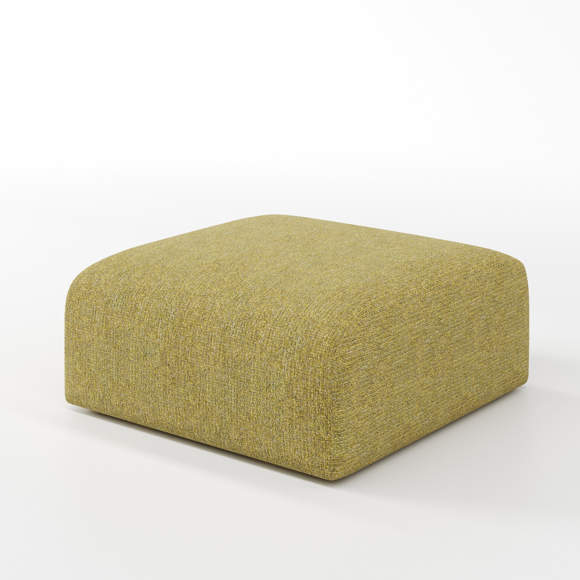 Drumquin footstool in Heyling Tweed Sencha shown at a diagonal angle highlighting smooth sides and minimal silhouette.