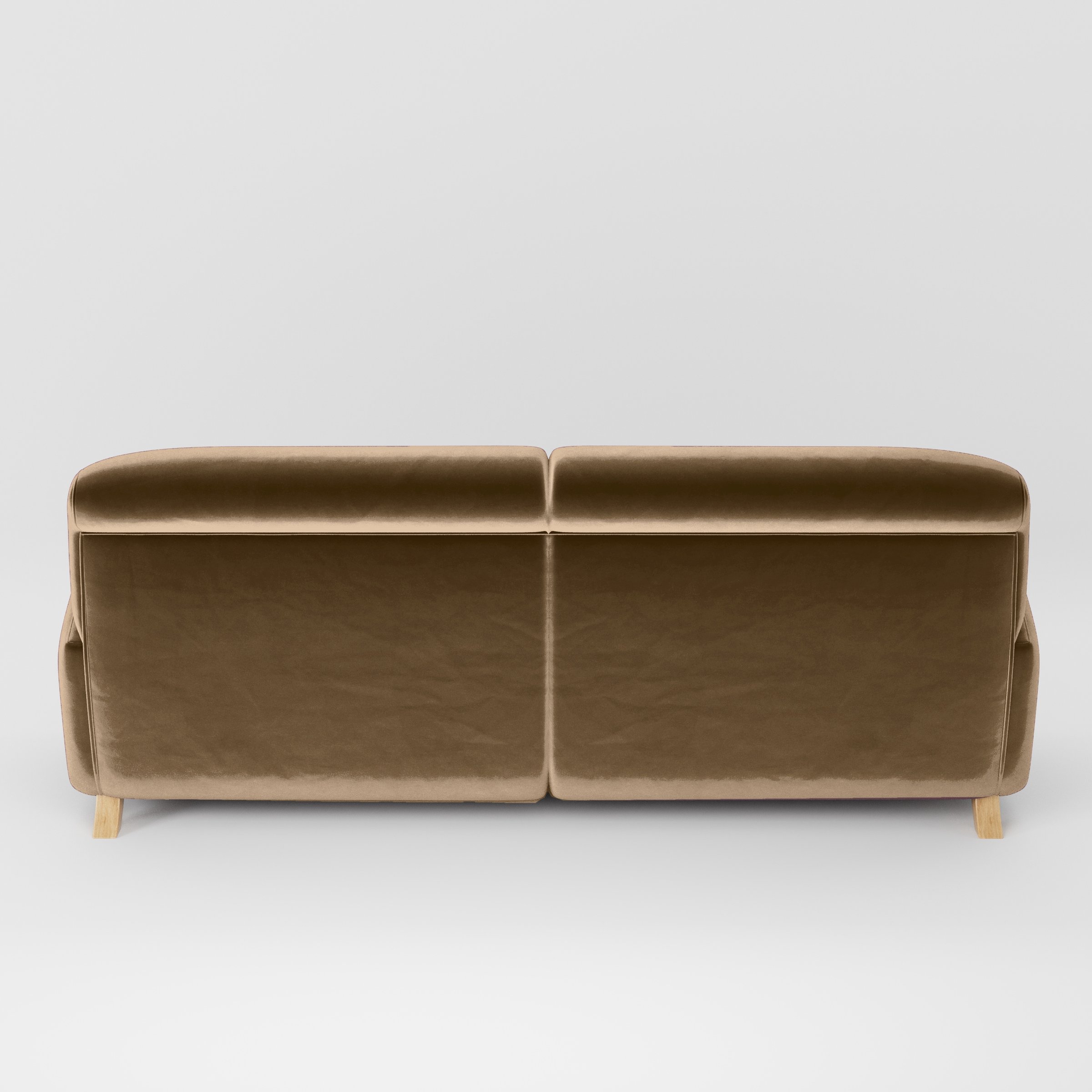 Rear view of the Rye sofa upholstered in Plush EasyClean Velvet in Caribou.