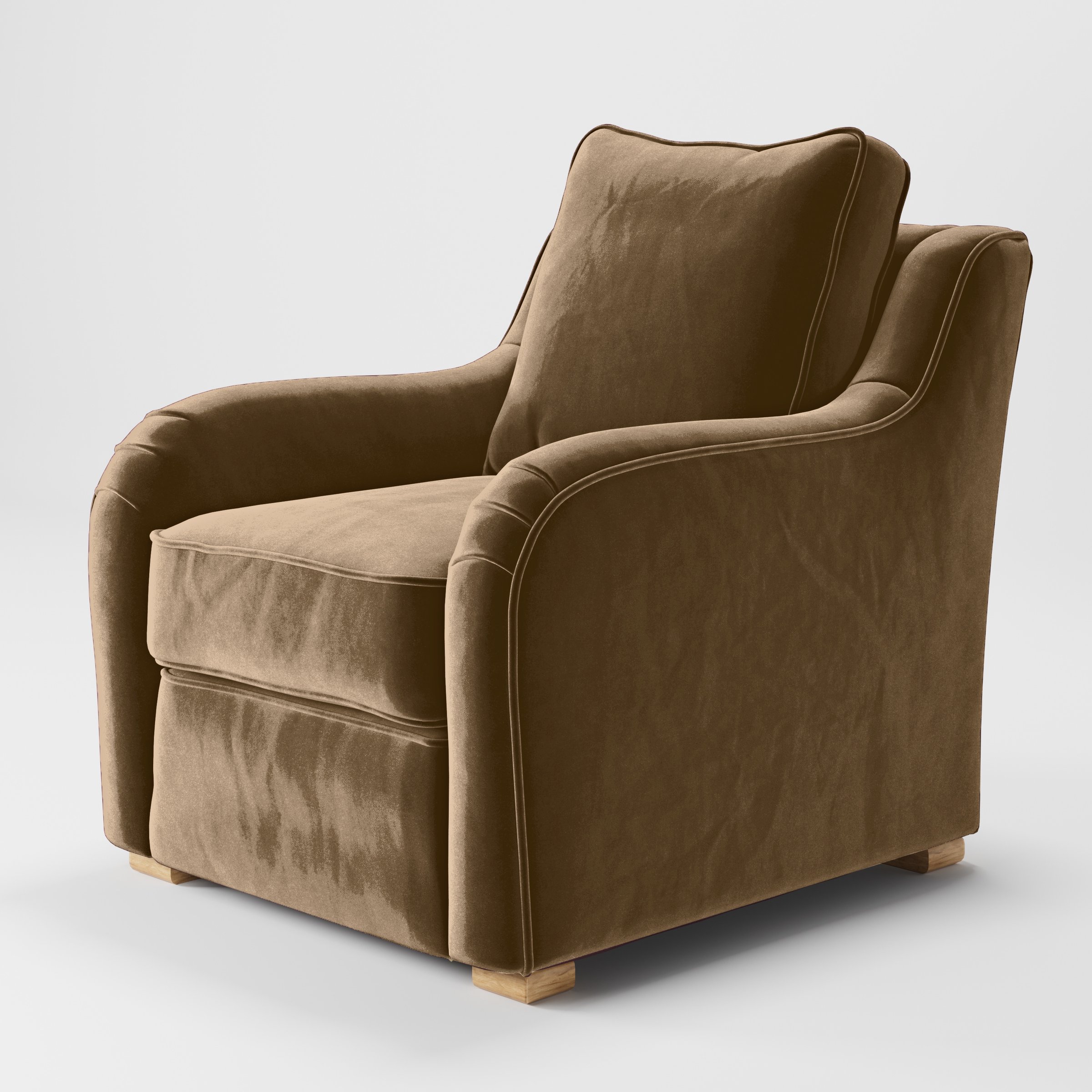 Diagonal view of the Cashel armchair upholstered in Plush EasyClean Velvet in Caribou.