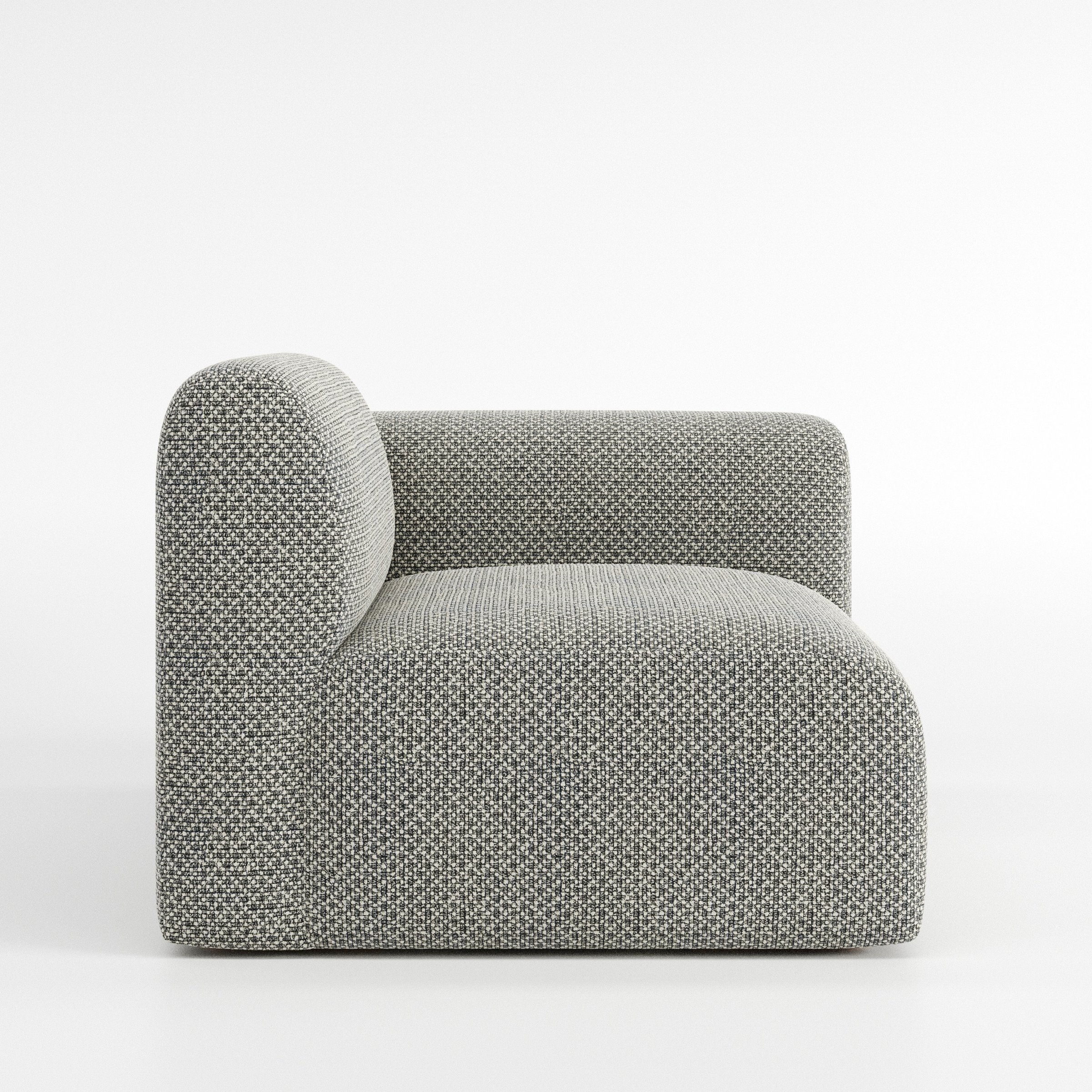 Drumquin modular sofa right side unit in Rousay Wool Blend Tar and Chalk shown from the side showing the rounded right armrest and deep seat profile.