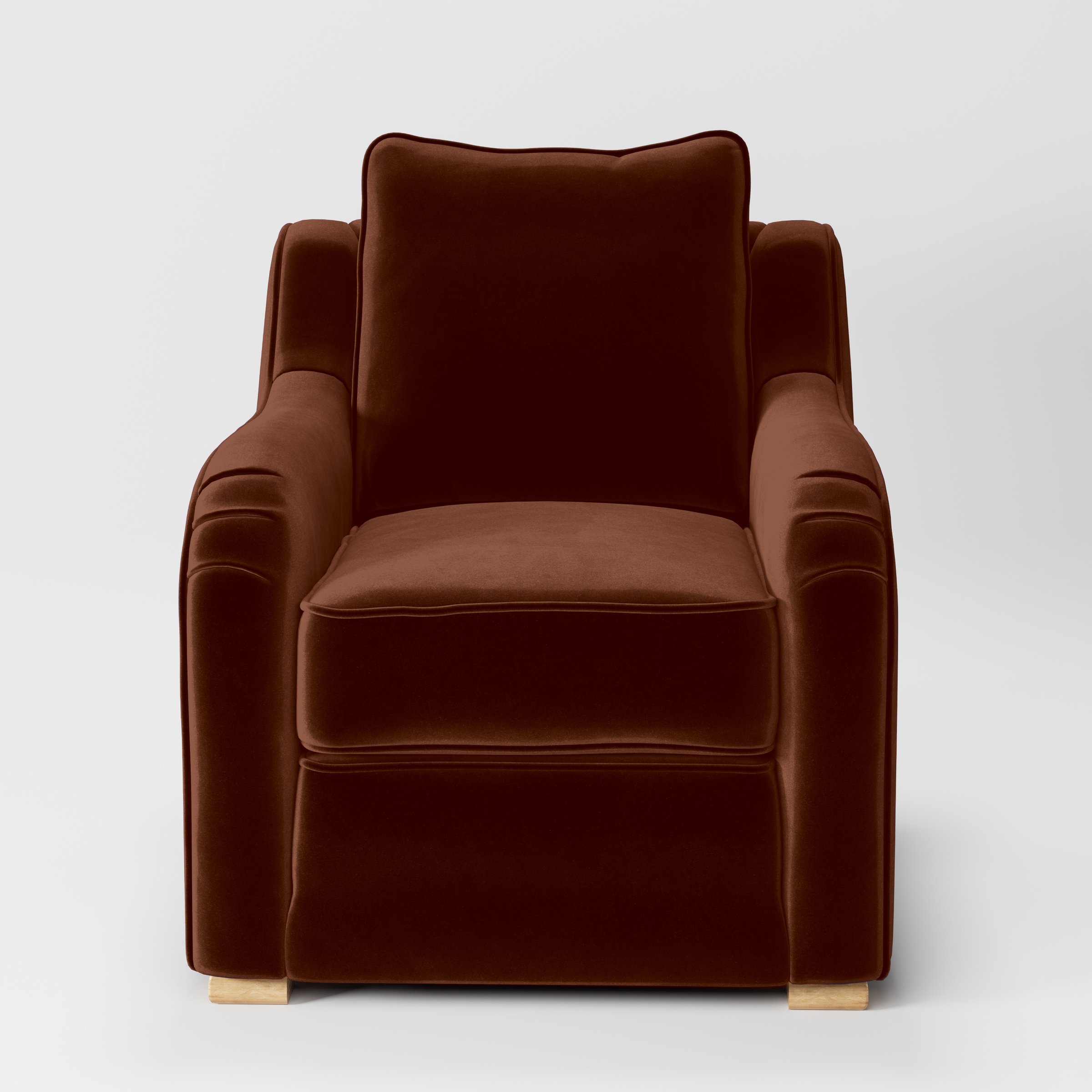 Front view of the Cashel armchair upholstered in Plush EasyClean Velvet in Maple.