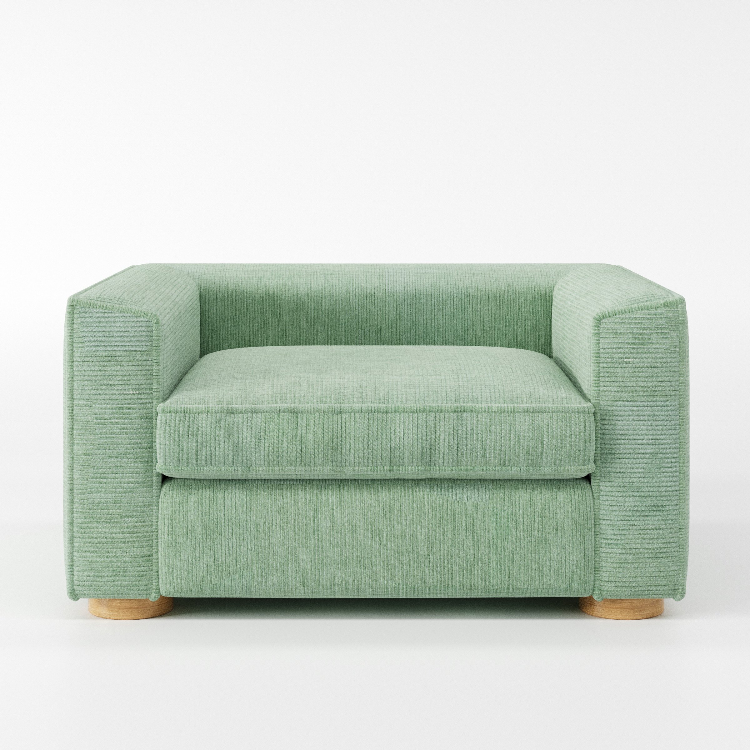 Feale armchair in Caldey Velvet Corduroy Eucalyptus shown front-on against a neutral studio backdrop.