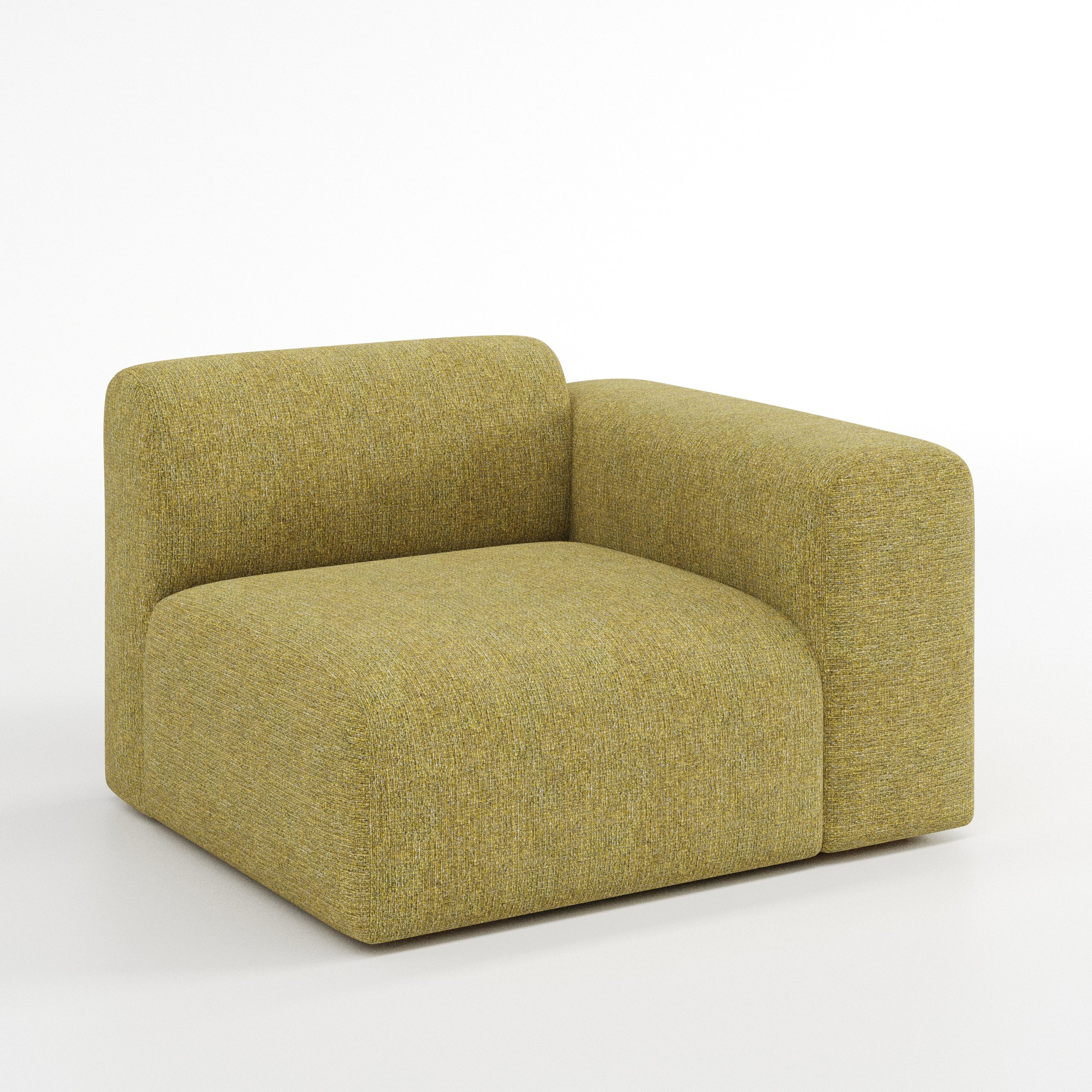 Drumquin modular sofa right side unit in Heyling Tweed Sencha shown at a diagonal angle highlighting the curved right armrest and generous seat depth.
