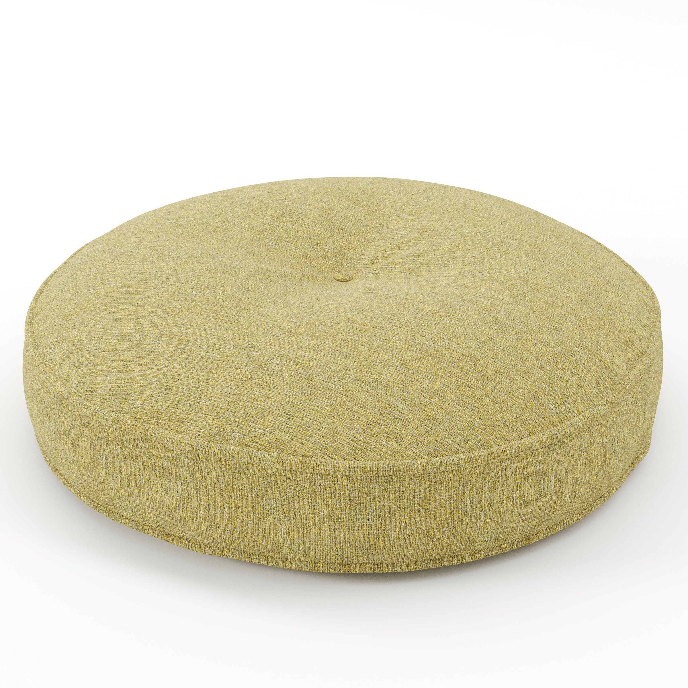 Cove cushion in Heyling Tweed Sencha, round tufted cushion with border and piping in green-toned tweed fabric with central tuft, size 60cm x 8.75cm