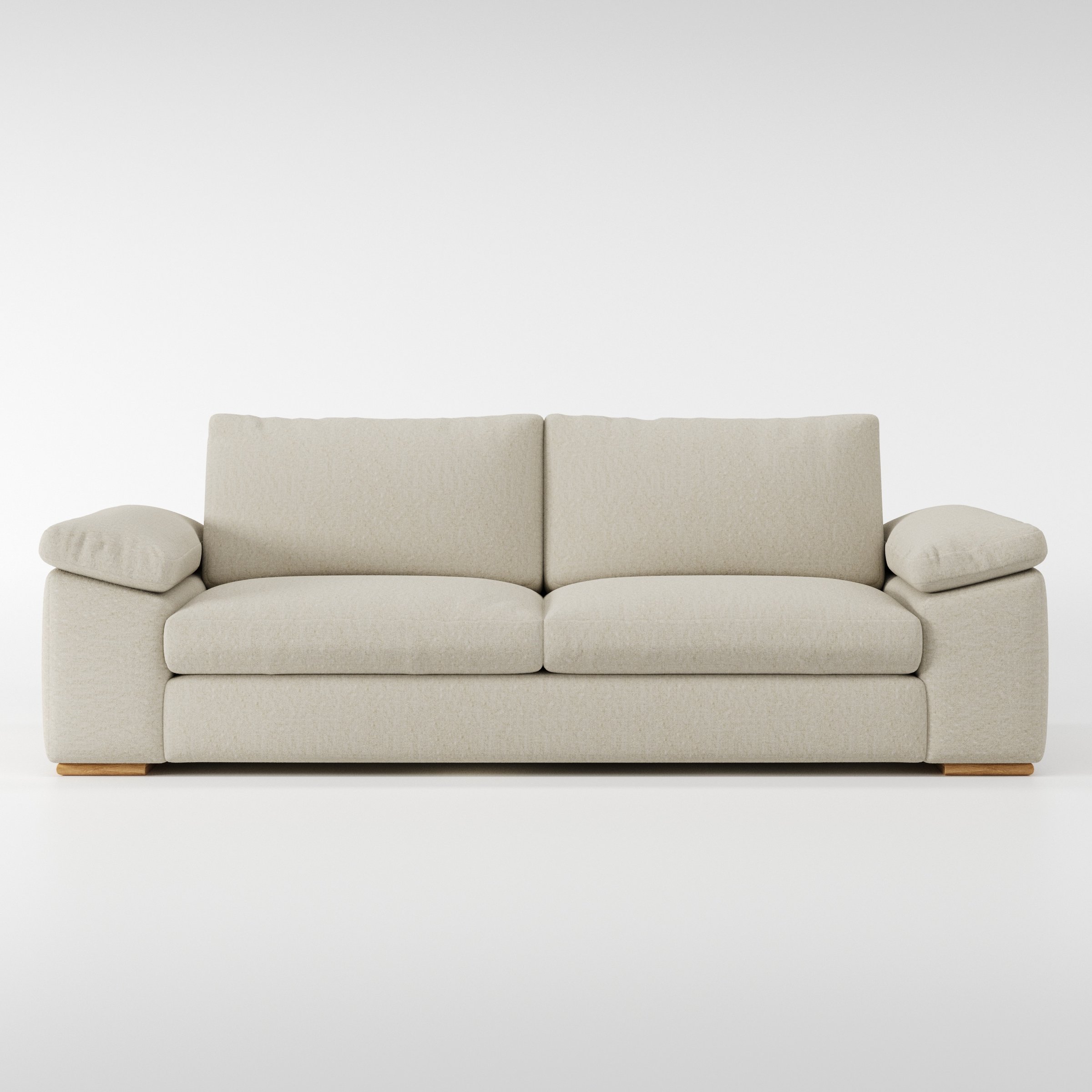 Moy sofa in Alderney Linen Oatmeal shown front-on against a neutral studio backdrop.