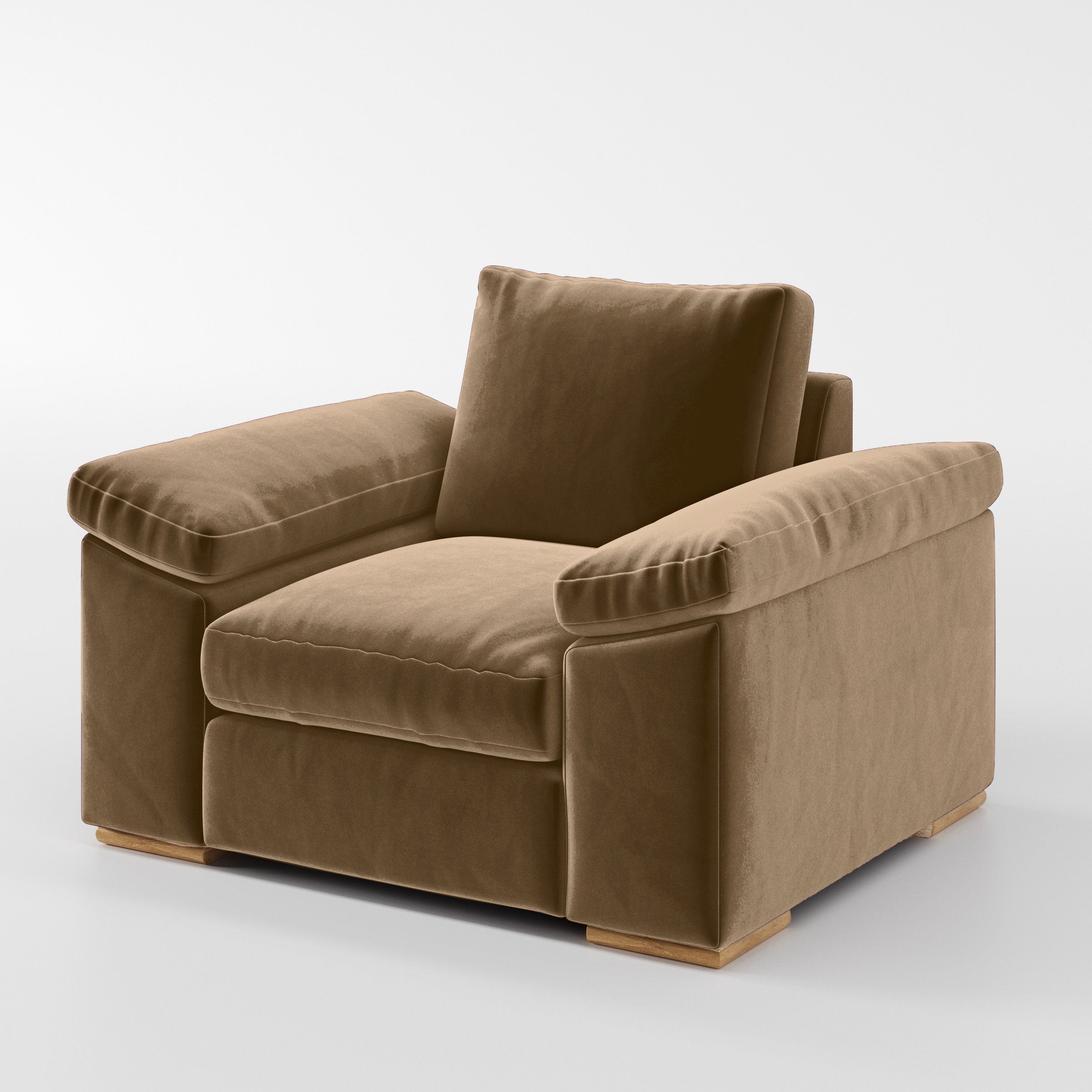 Diagonal view of the Moy armchair upholstered in Plush EasyClean Velvet in Caribou.