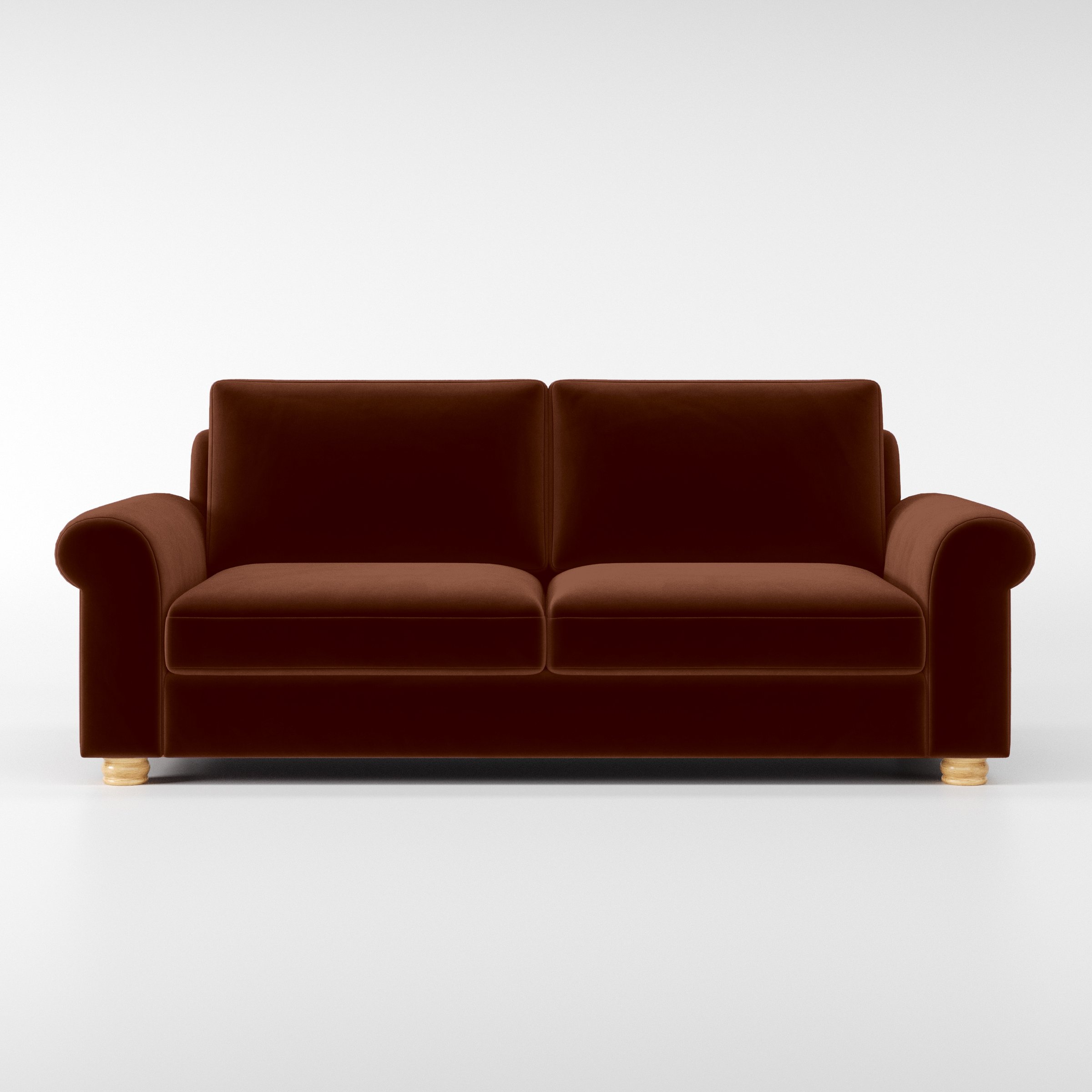 Front view of the Anna Lee sofa upholstered in Plush EasyClean Velvet in Maple.