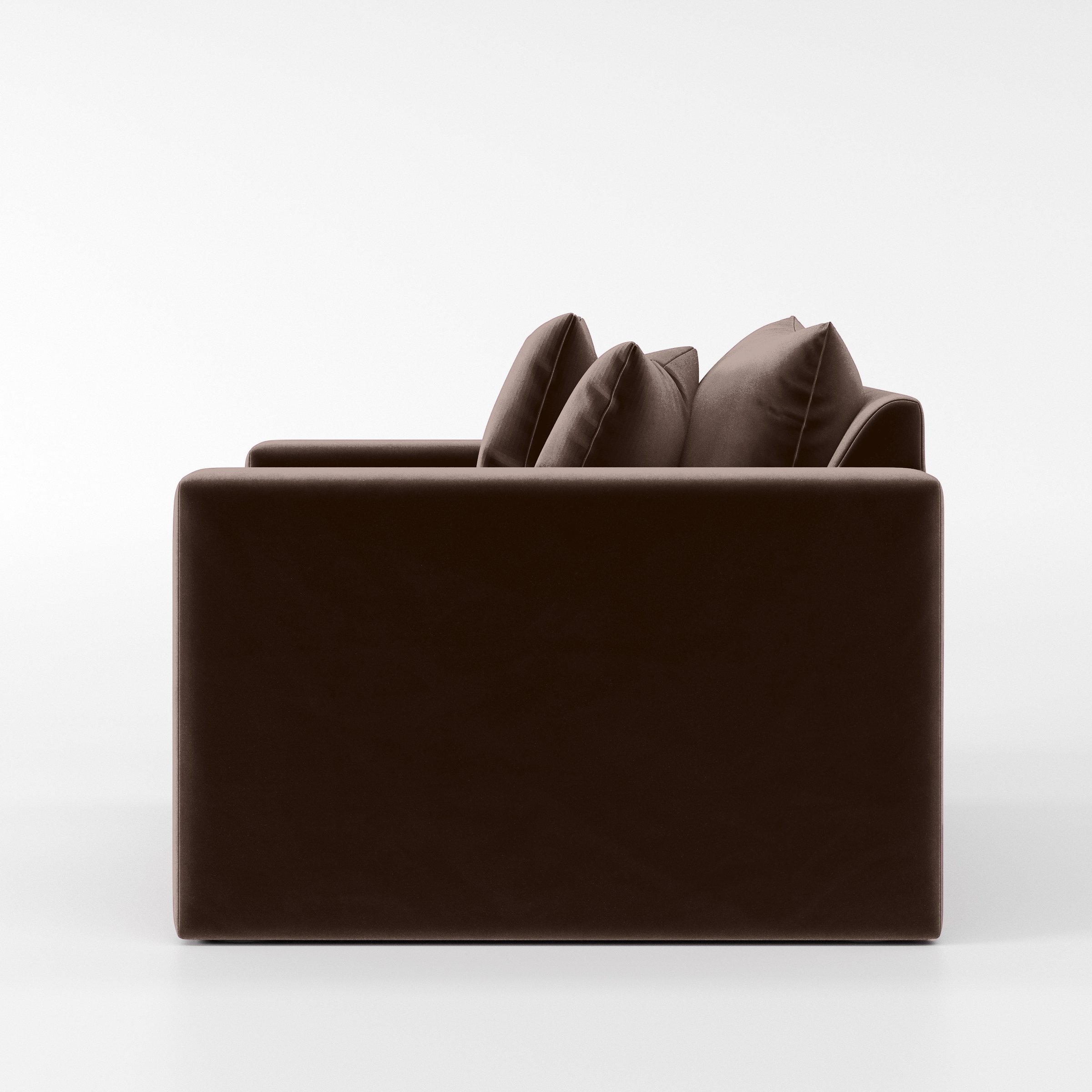Side view of the Coniston armchair upholstered in Plush EasyClean Velvet in Mole.