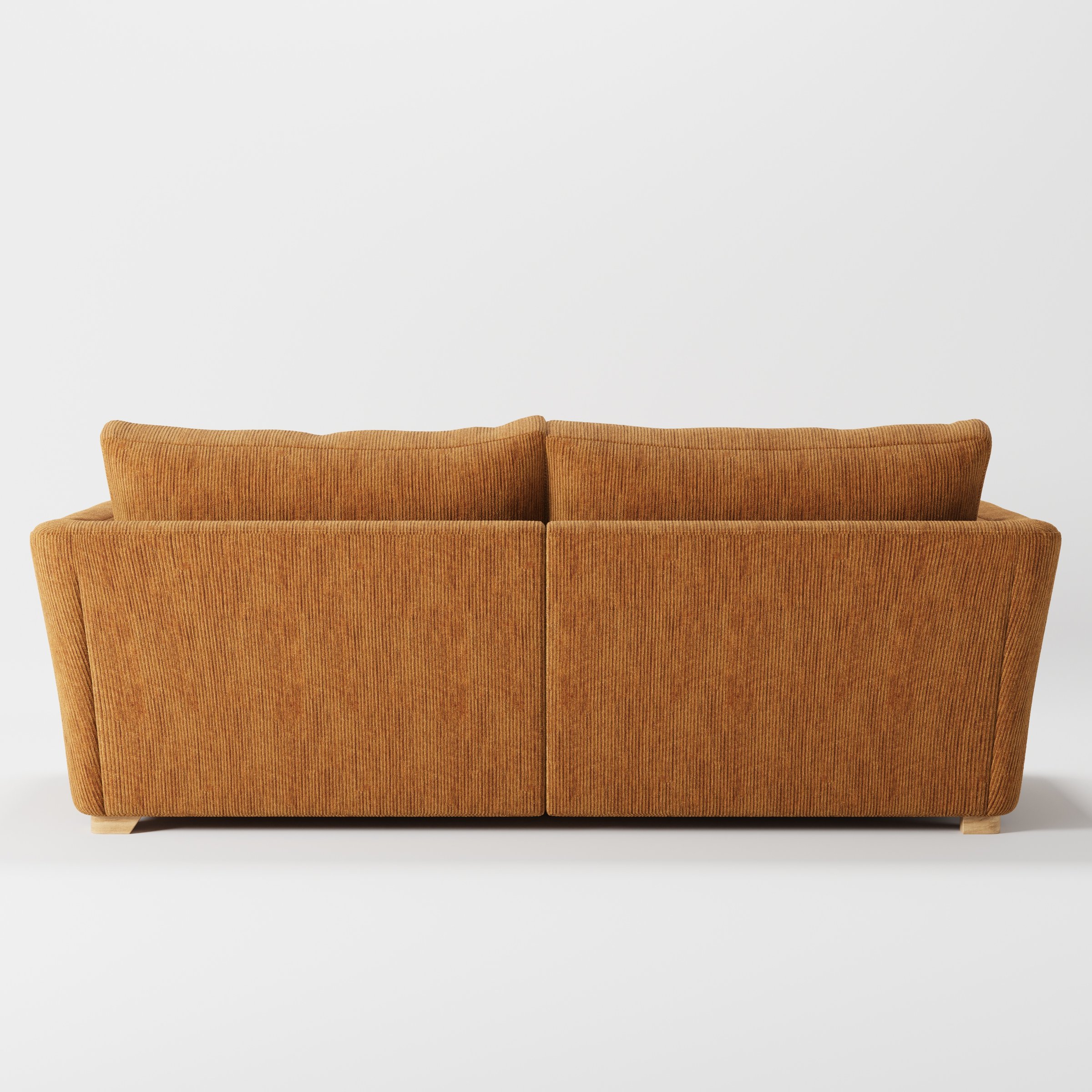 Stowe sofa in Caldey Velvet Corduroy Tobacco shown from the rear highlighting back cushions and upholstery finish.