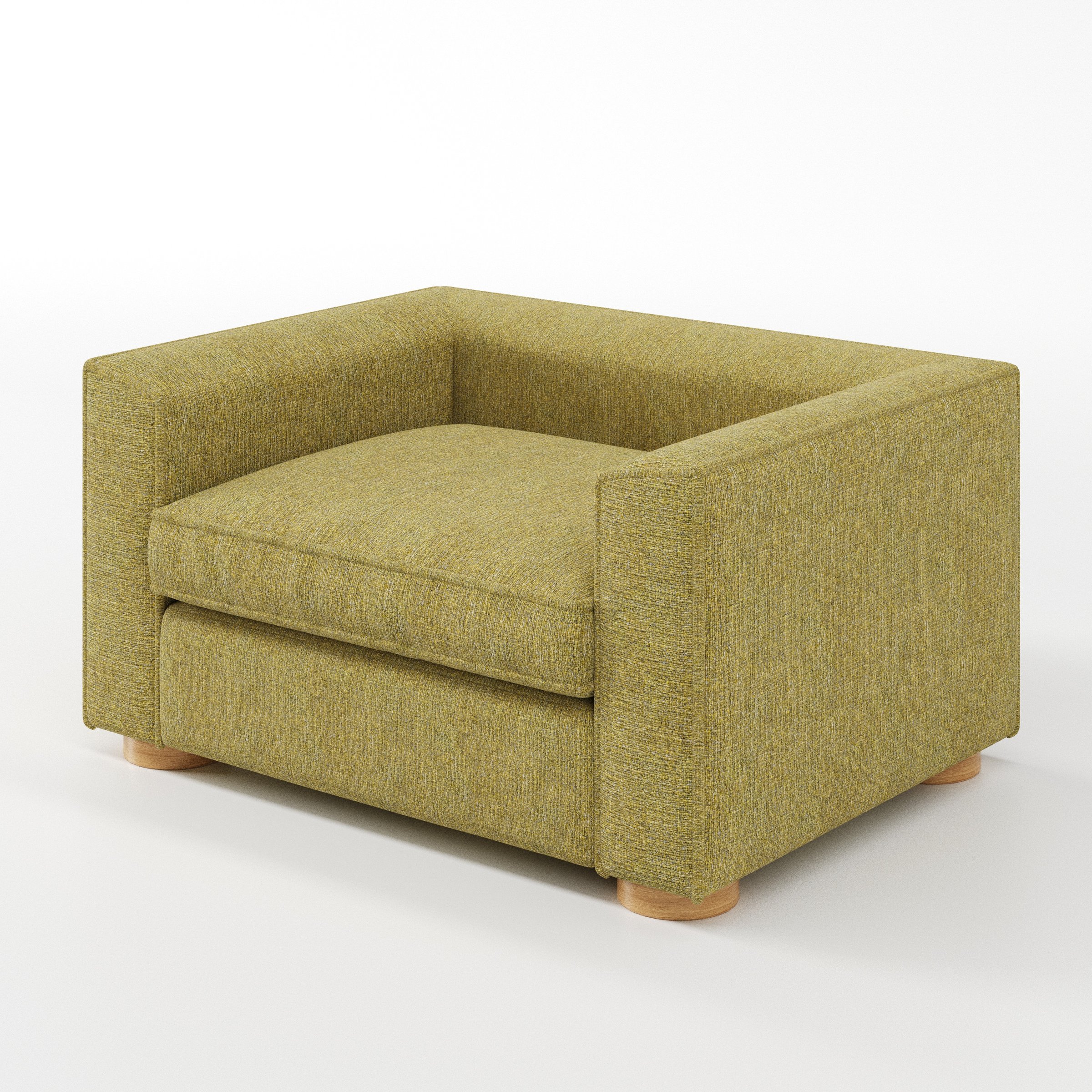 Feale armchair in Heyling Tweed Sencha shown at a diagonal angle highlighting arms and seat depth.