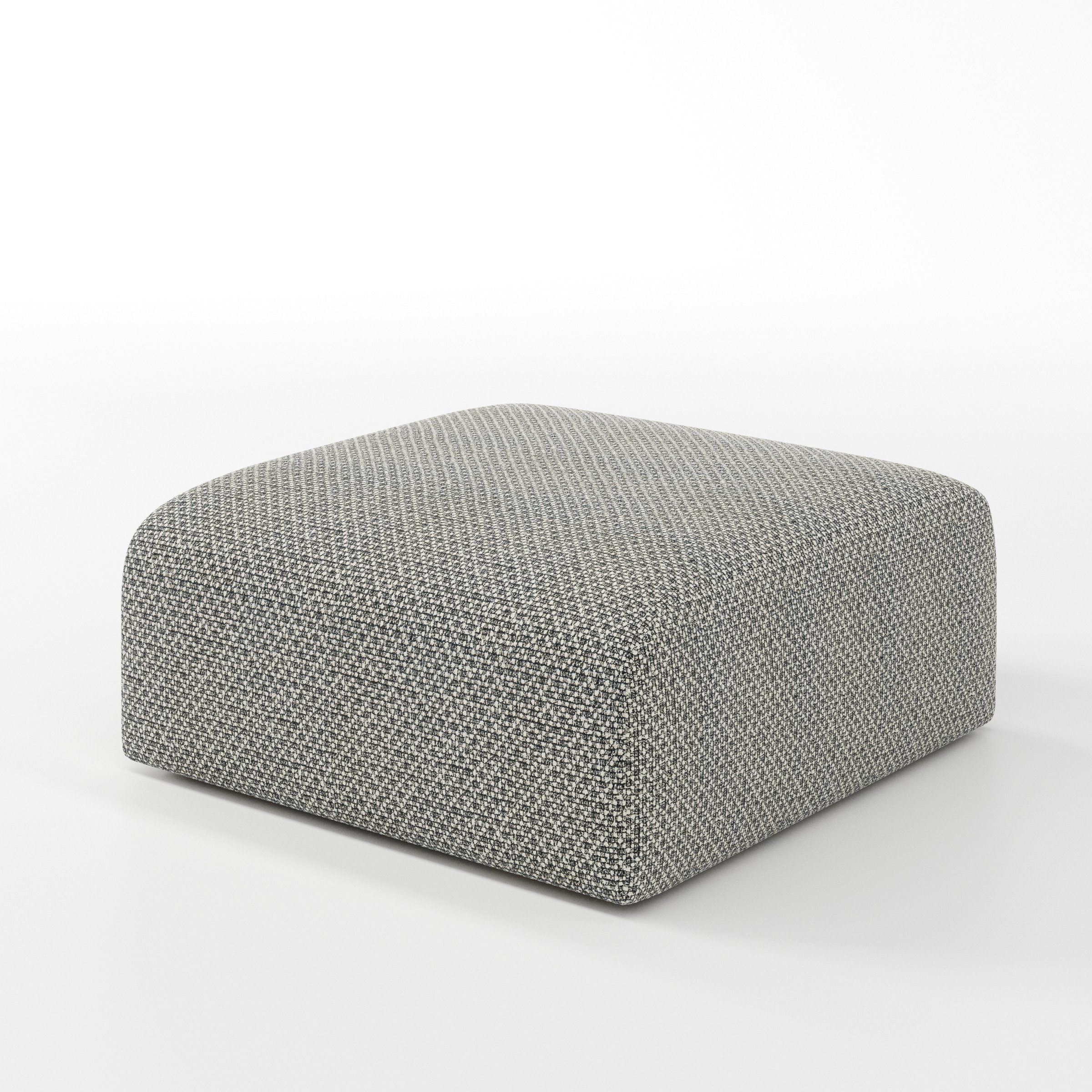 Drumquin footstool in Rousay Wool Blend Tar and Chalk shown at a diagonal angle highlighting smooth sides and minimal silhouette.