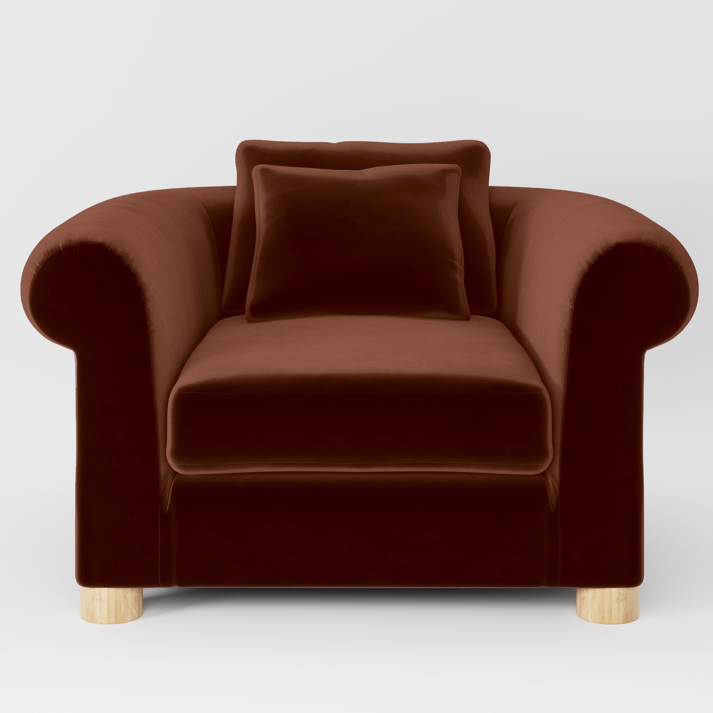 Front view of the Windermere armchair upholstered in Plush EasyClean Velvet in Maple.