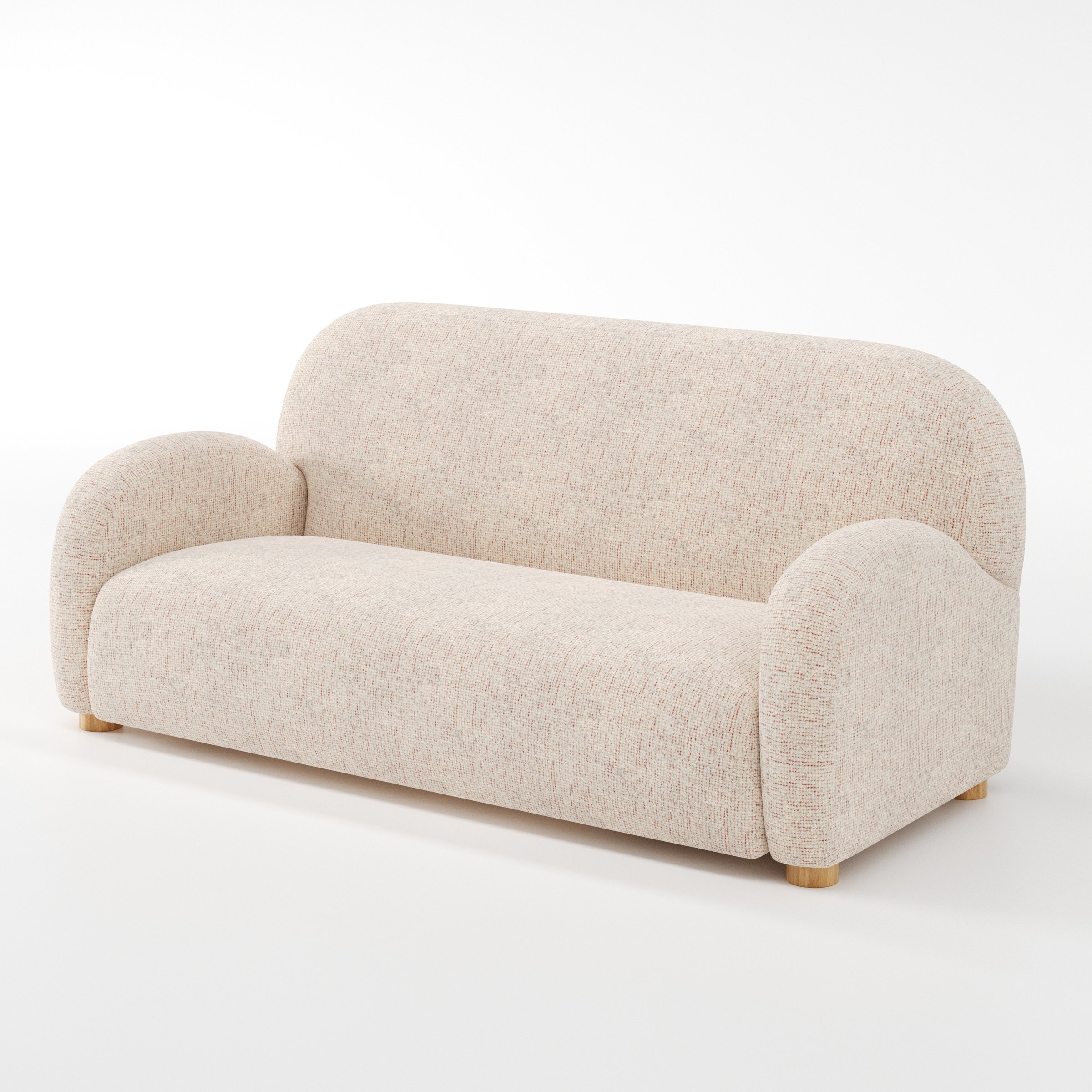 Awe sofa in Orsay Boucle Cream and Copper shown at a diagonal angle highlighting arm profile and seat depth.