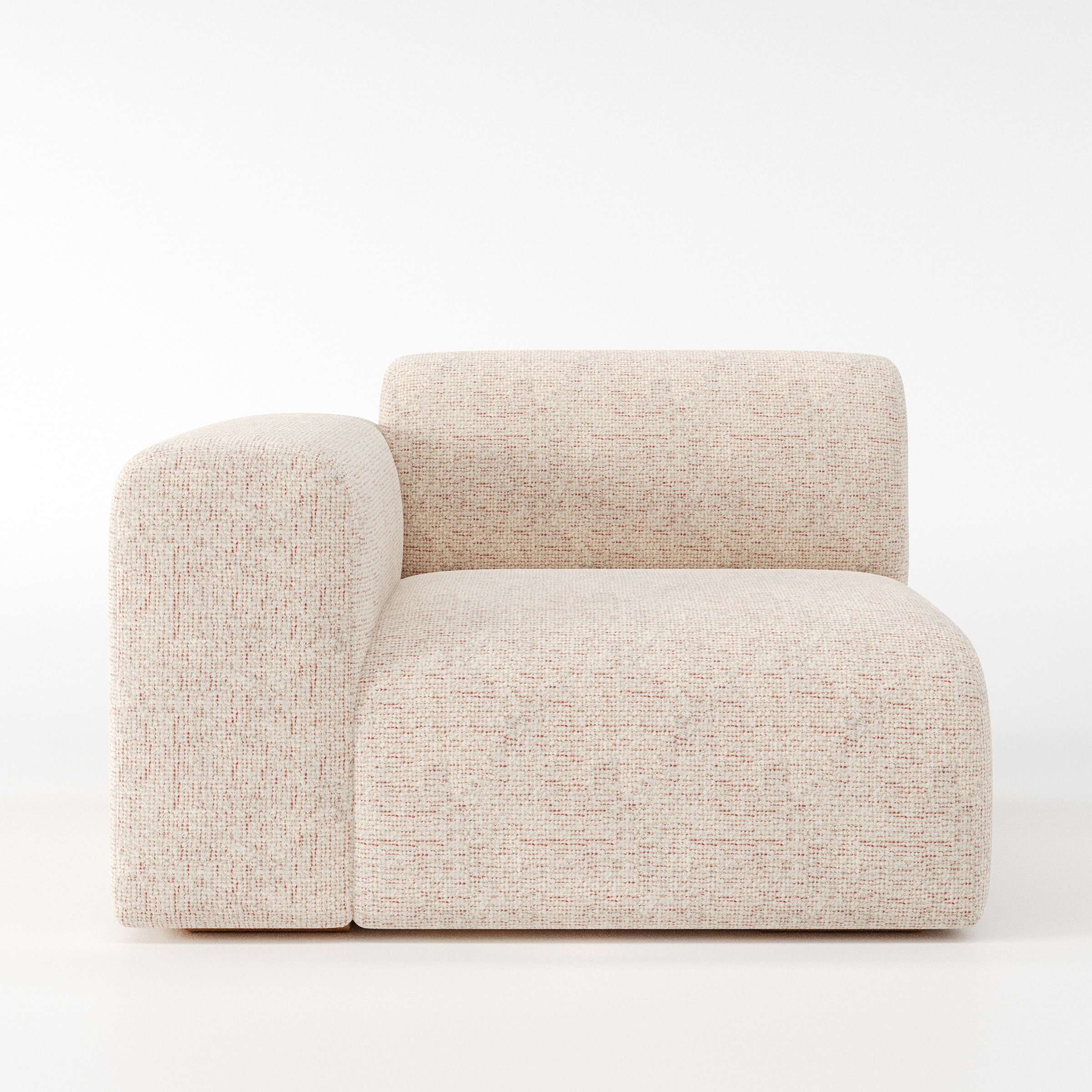 Drumquin modular sofa left side unit in Orsay Bouclé Cream and Copper shown from the front with a low, deep seat and a rounded left armrest.