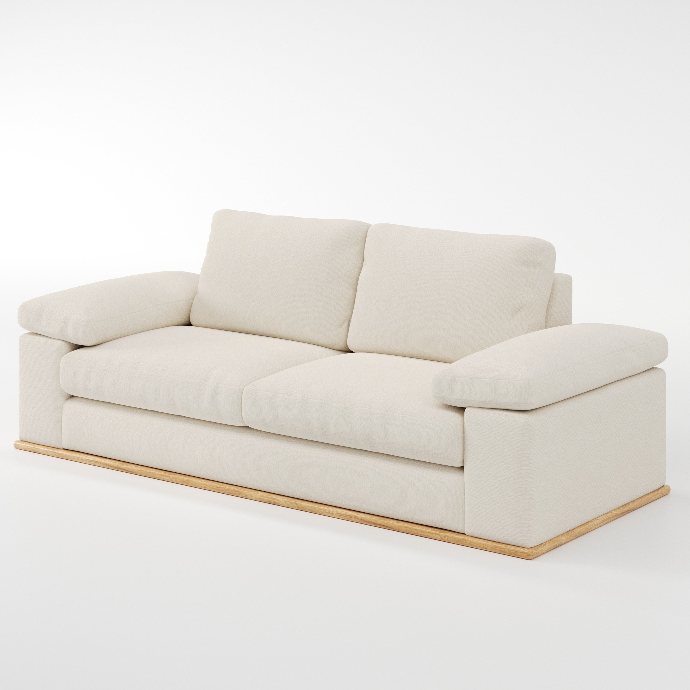 Cusher sofa in Kilda Boucle Cream shown at a diagonal angle highlighting arm profile and seat depth.