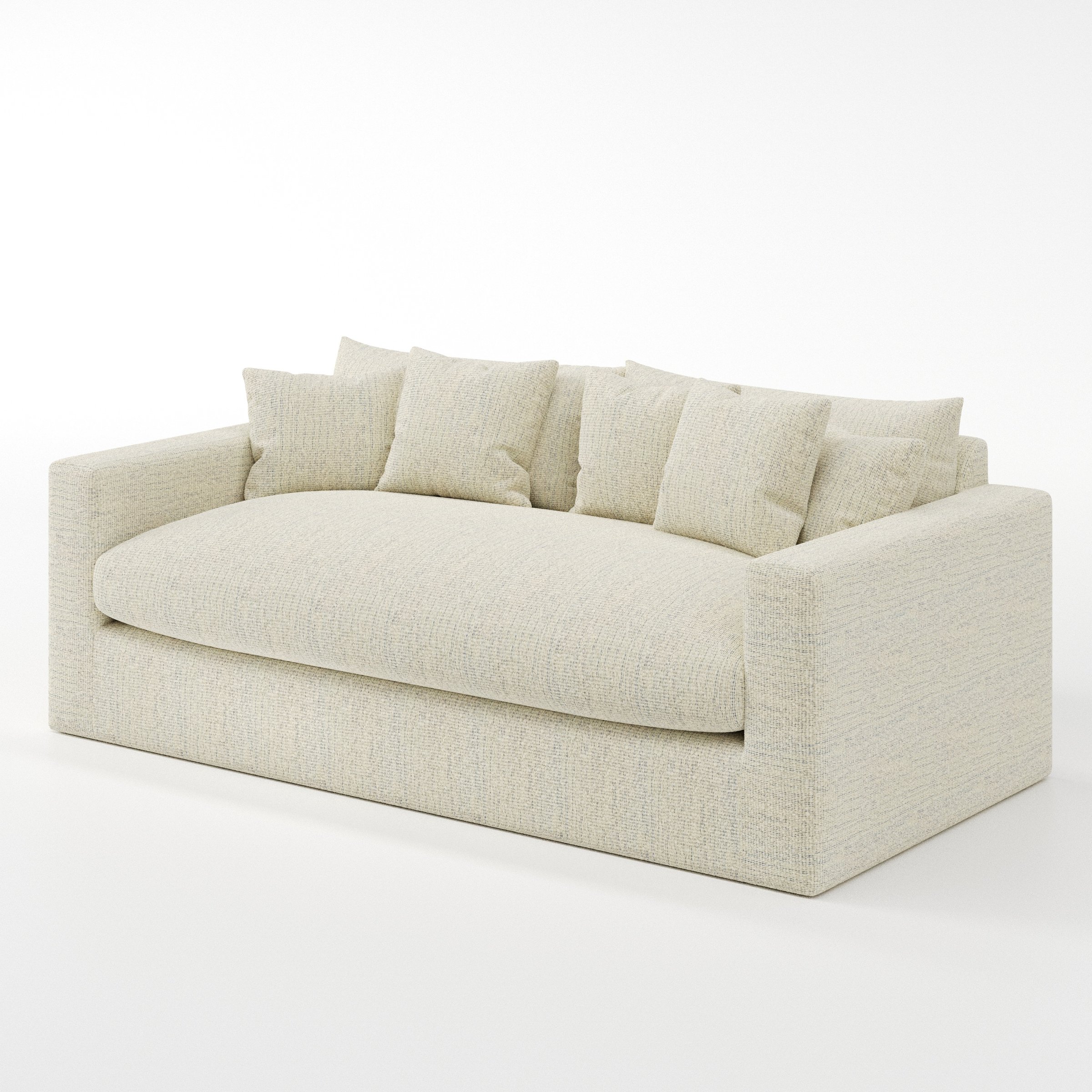 Coniston sofa in Orsay Boucle Cream and Marine shown at a diagonal angle highlighting arm profile and seat depth.