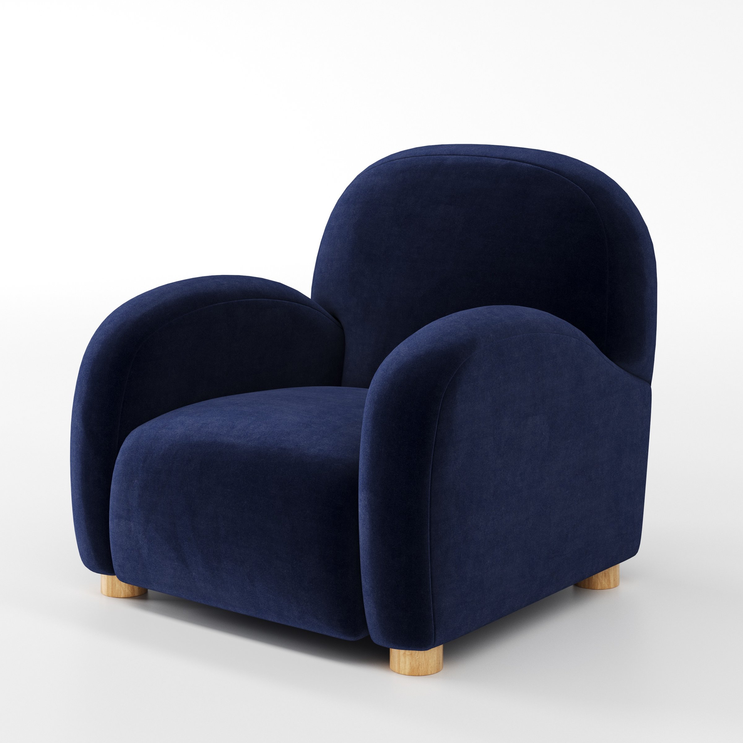 Awe armchair in Noss Velvet Navy shown at a diagonal angle highlighting arms and seat depth.