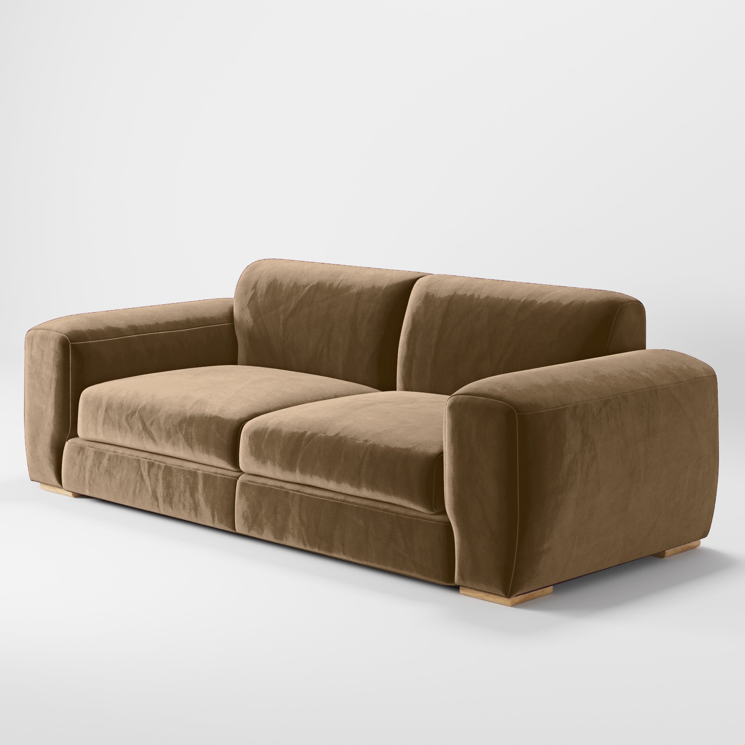 Diagonal view of the Darwell sofa upholstered in Plush EasyClean Velvet in Caribou.