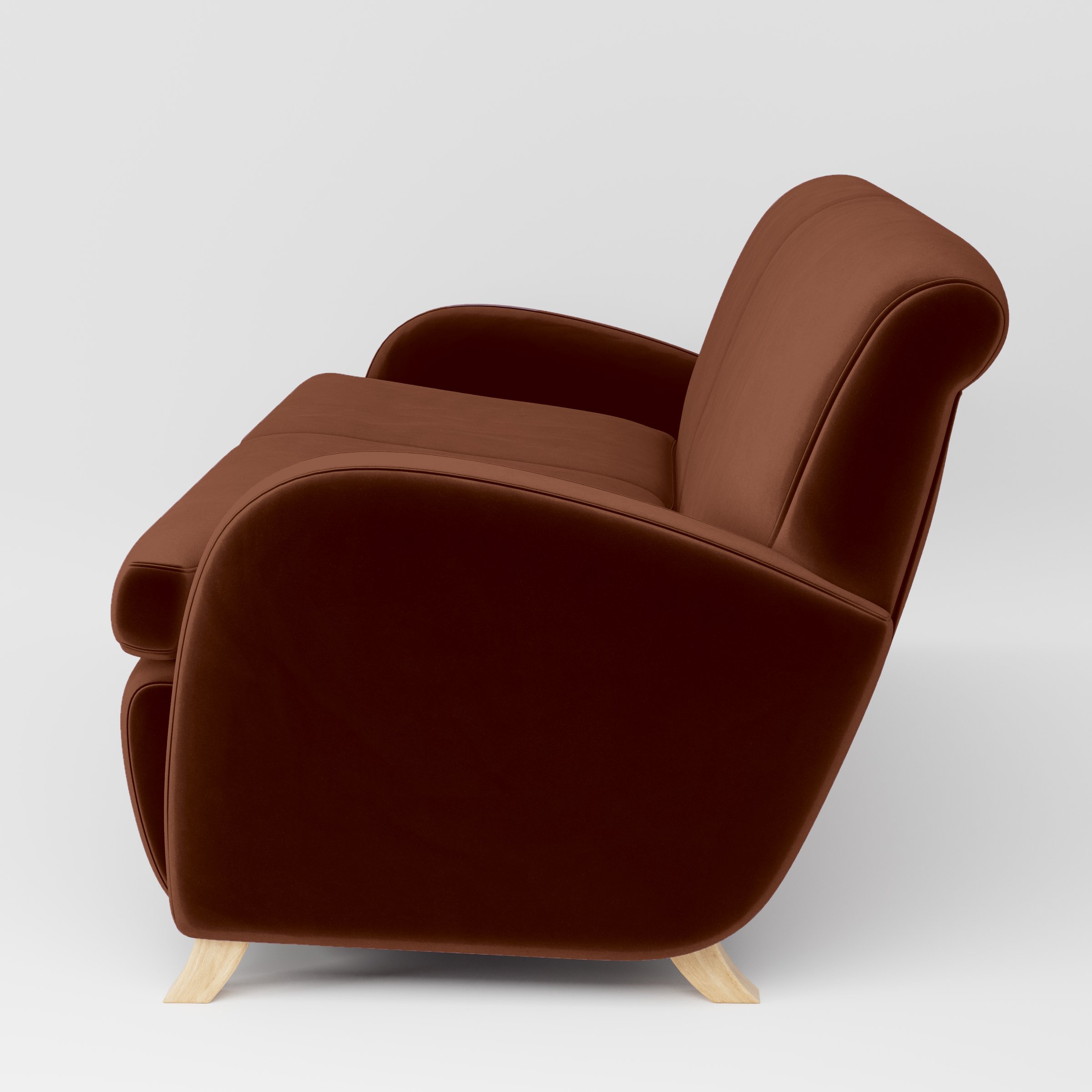 Side view of the Rye sofa upholstered in Plush EasyClean Velvet in Maple.