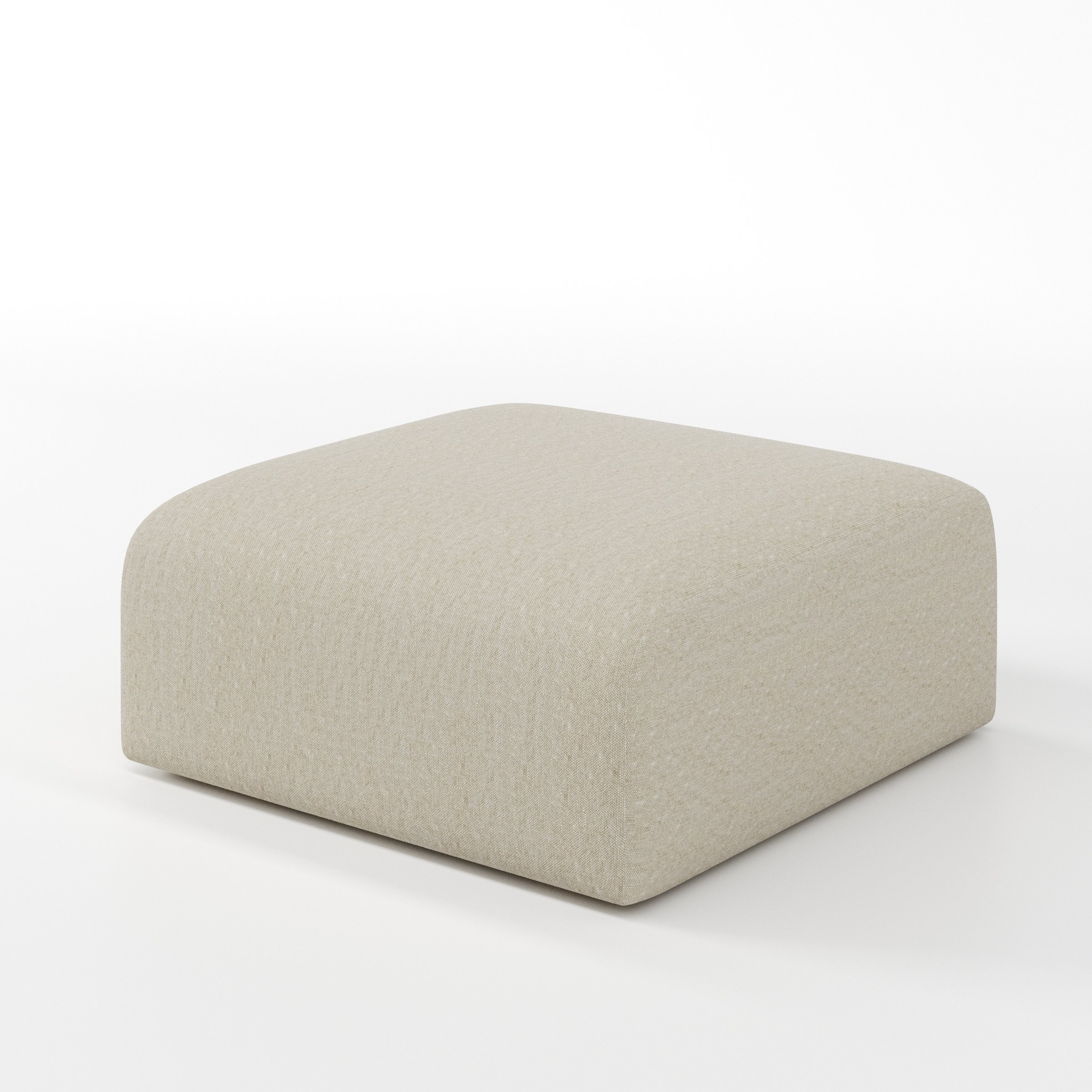 Drumquin footstool in Alderney Linen Oatmeal shown at a diagonal angle highlighting smooth sides and minimal silhouette.