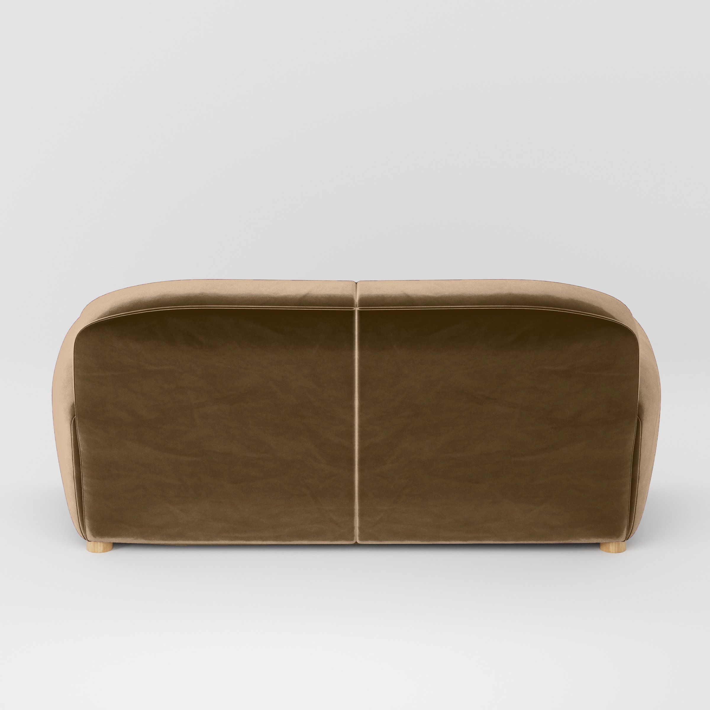 Rear view of the Fergus sofa upholstered in Plush EasyClean Velvet in Caribou.