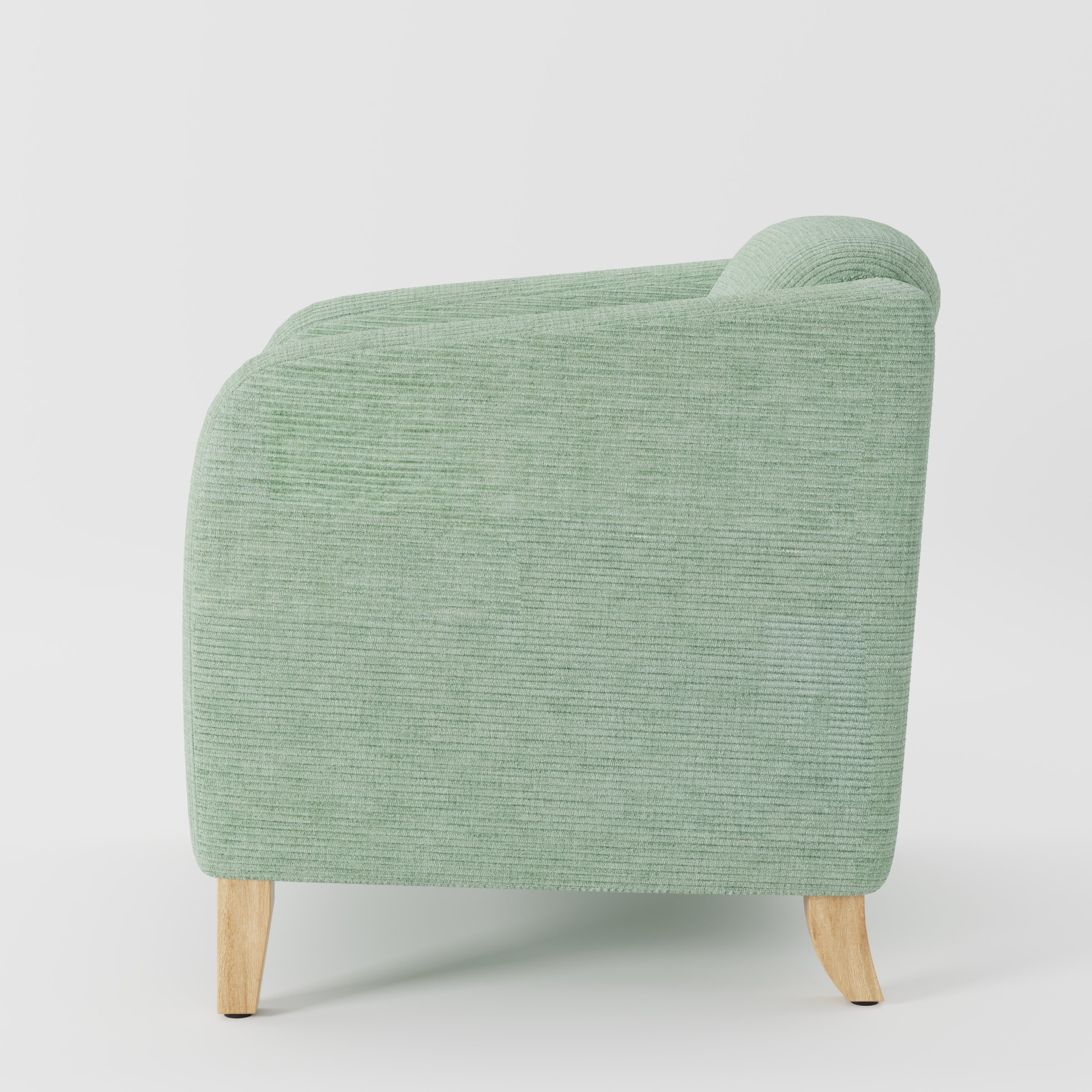 Erne armchair in Caldey Velvet Corduroy Eucalyptus shown in side profile displaying proportions and overall silhouette.