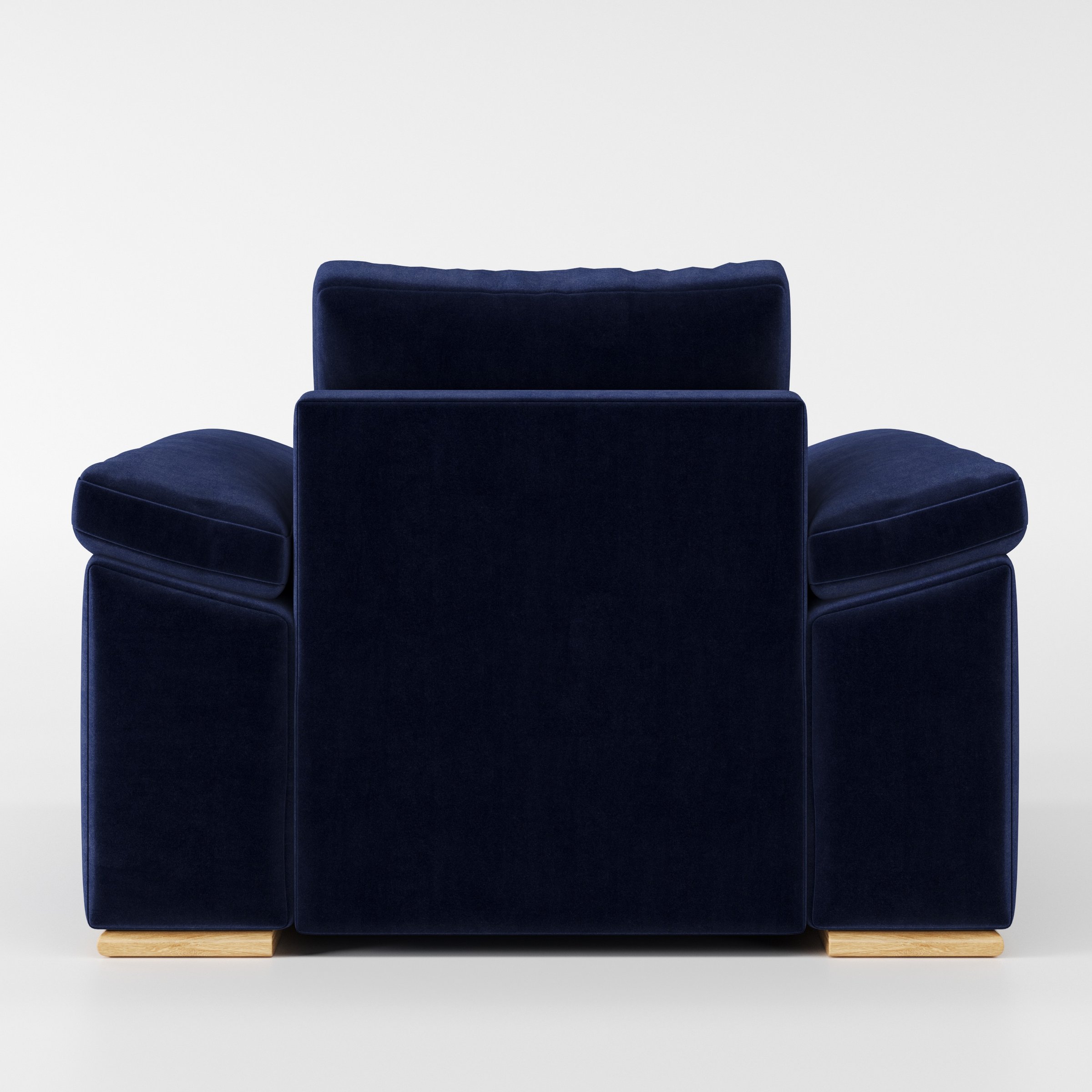 Moy armchair in Noss Velvet Navy shown from the rear highlighting backrest shape and upholstery finish.