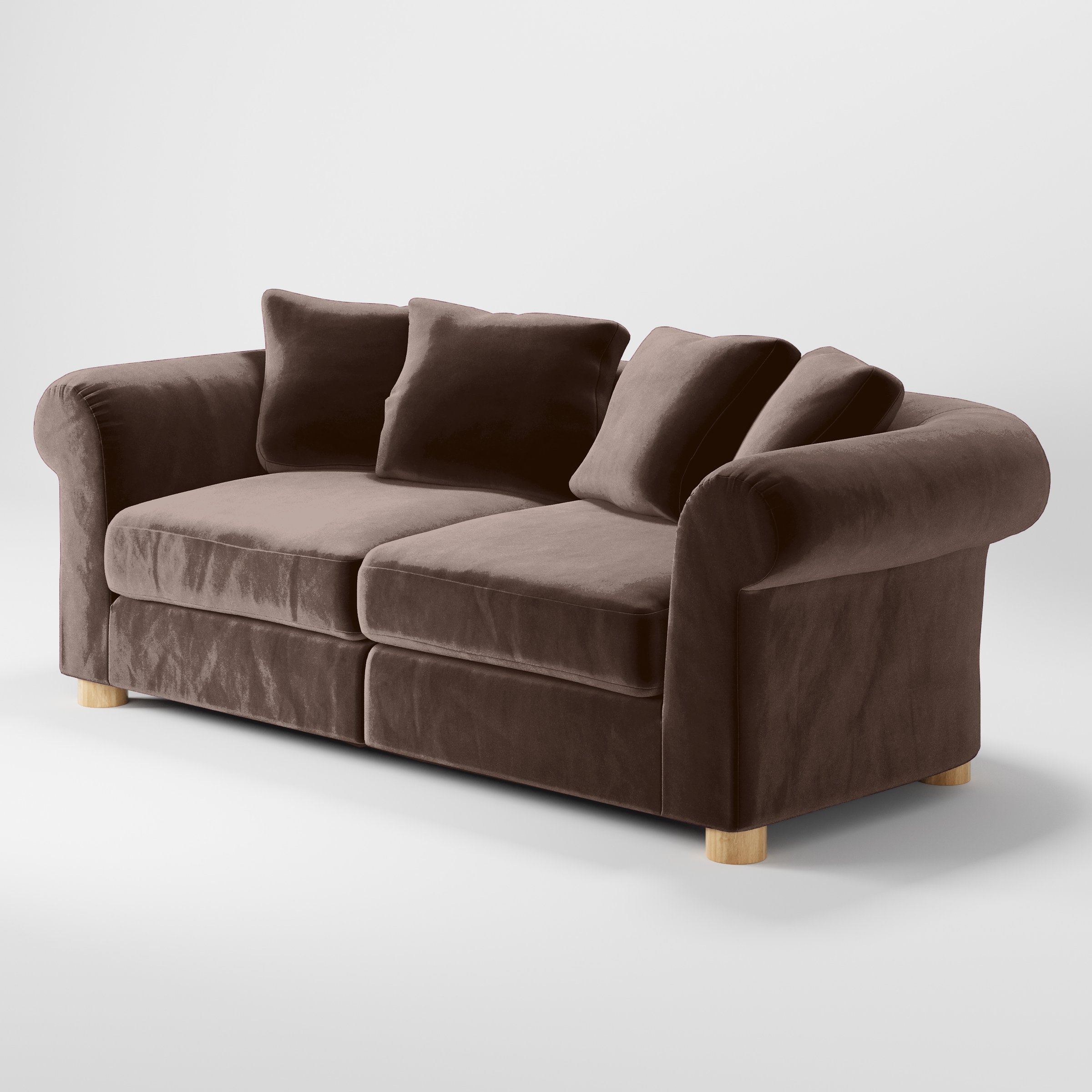 Diagonal view of the Windermere sofa upholstered in Plush EasyClean Velvet in Mole.