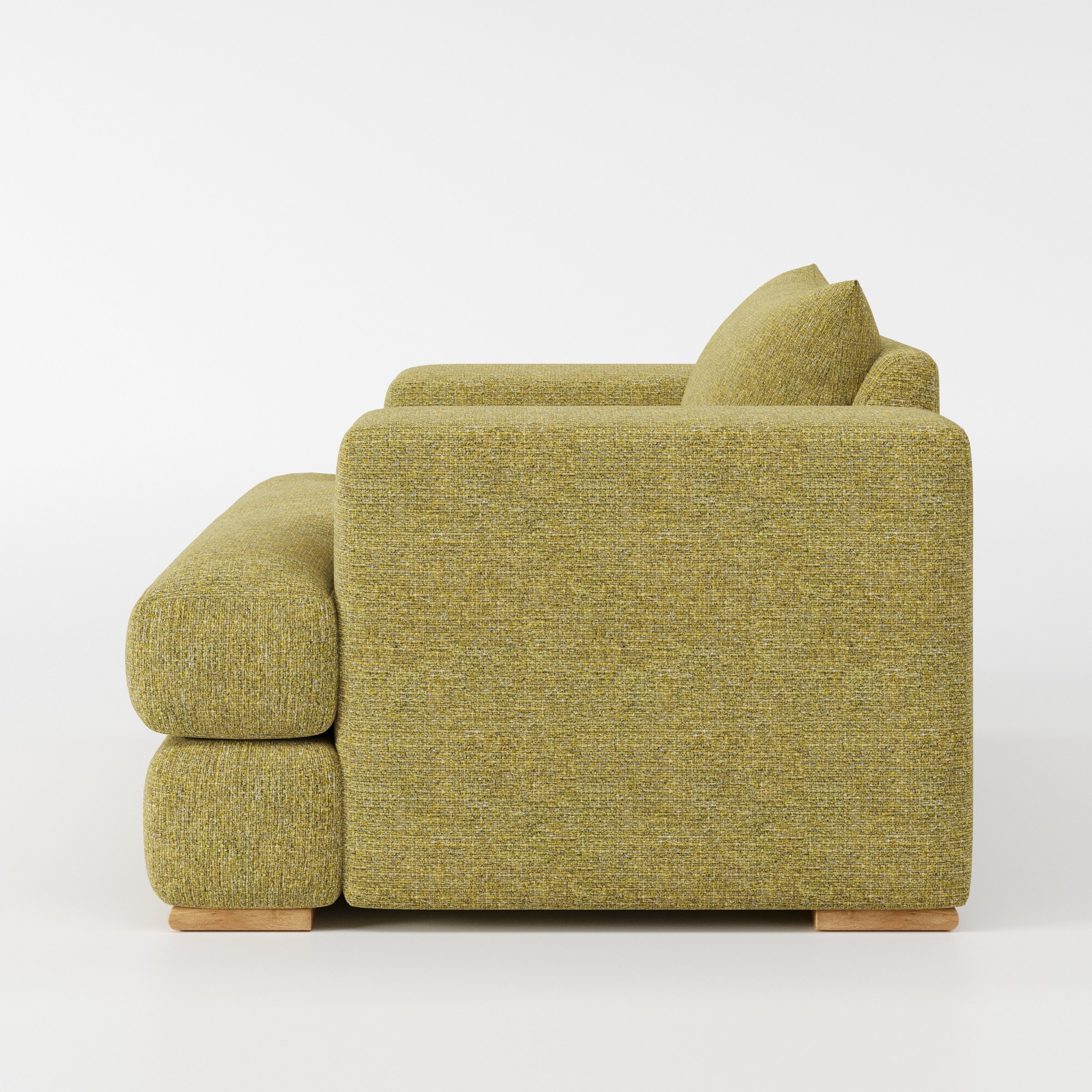 Fane armchair in Heyling Tweed Sencha shown in side profile displaying proportions and overall silhouette.