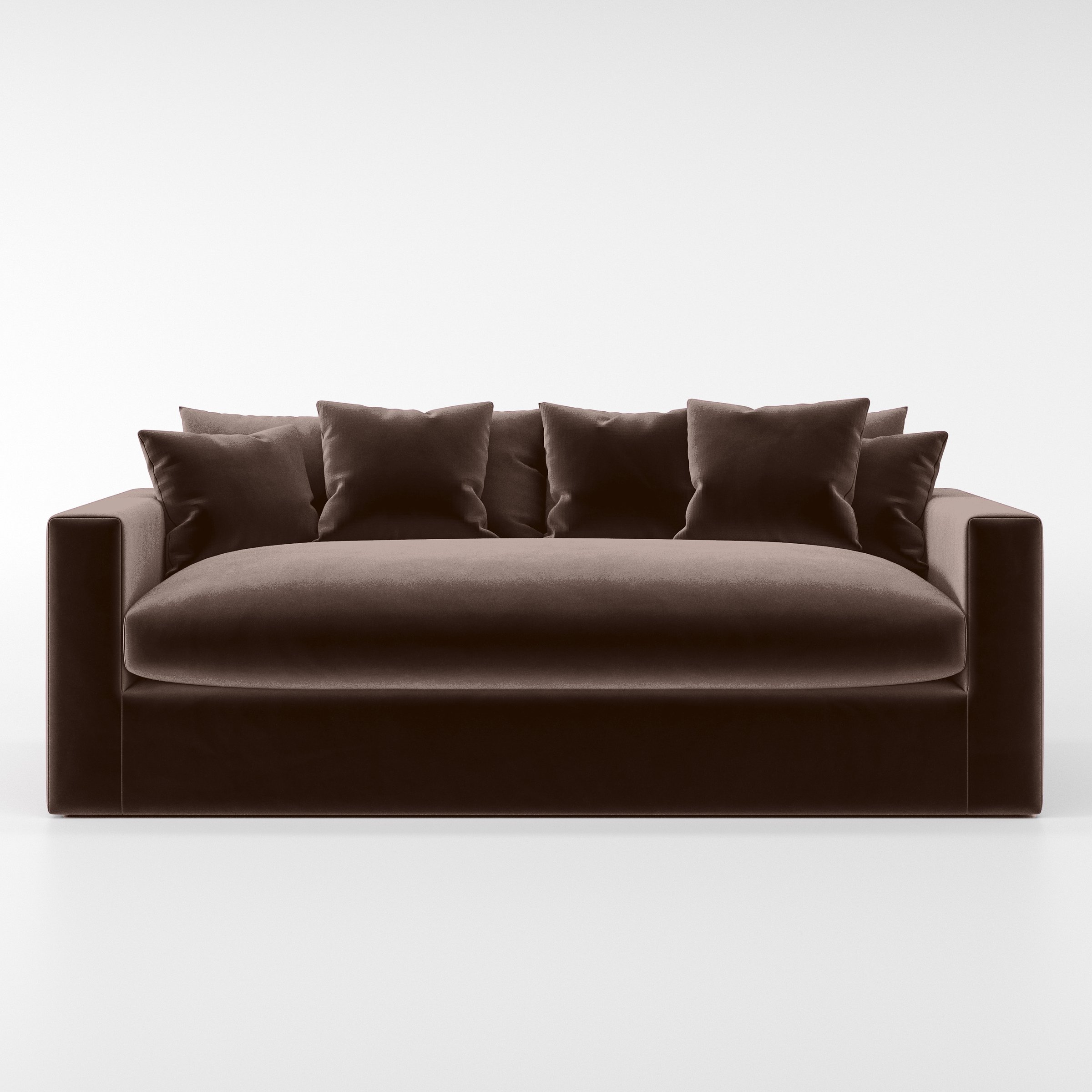 Front view of the Coniston sofa upholstered in Plush EasyClean Velvet in Mole.