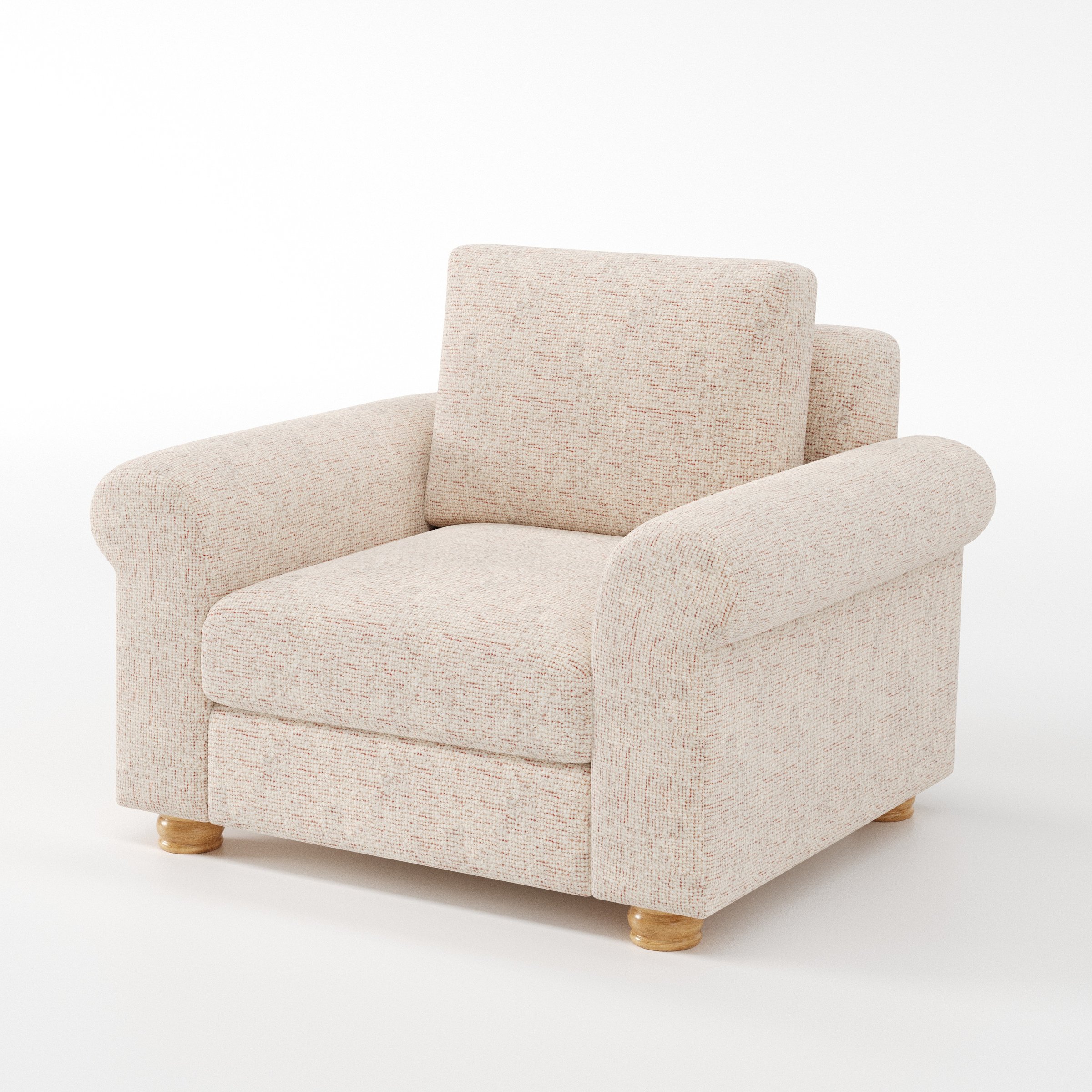 Anna Lee armchair in Orsay Boucle Cream and Copper shown at a diagonal angle highlighting arms and seat depth.