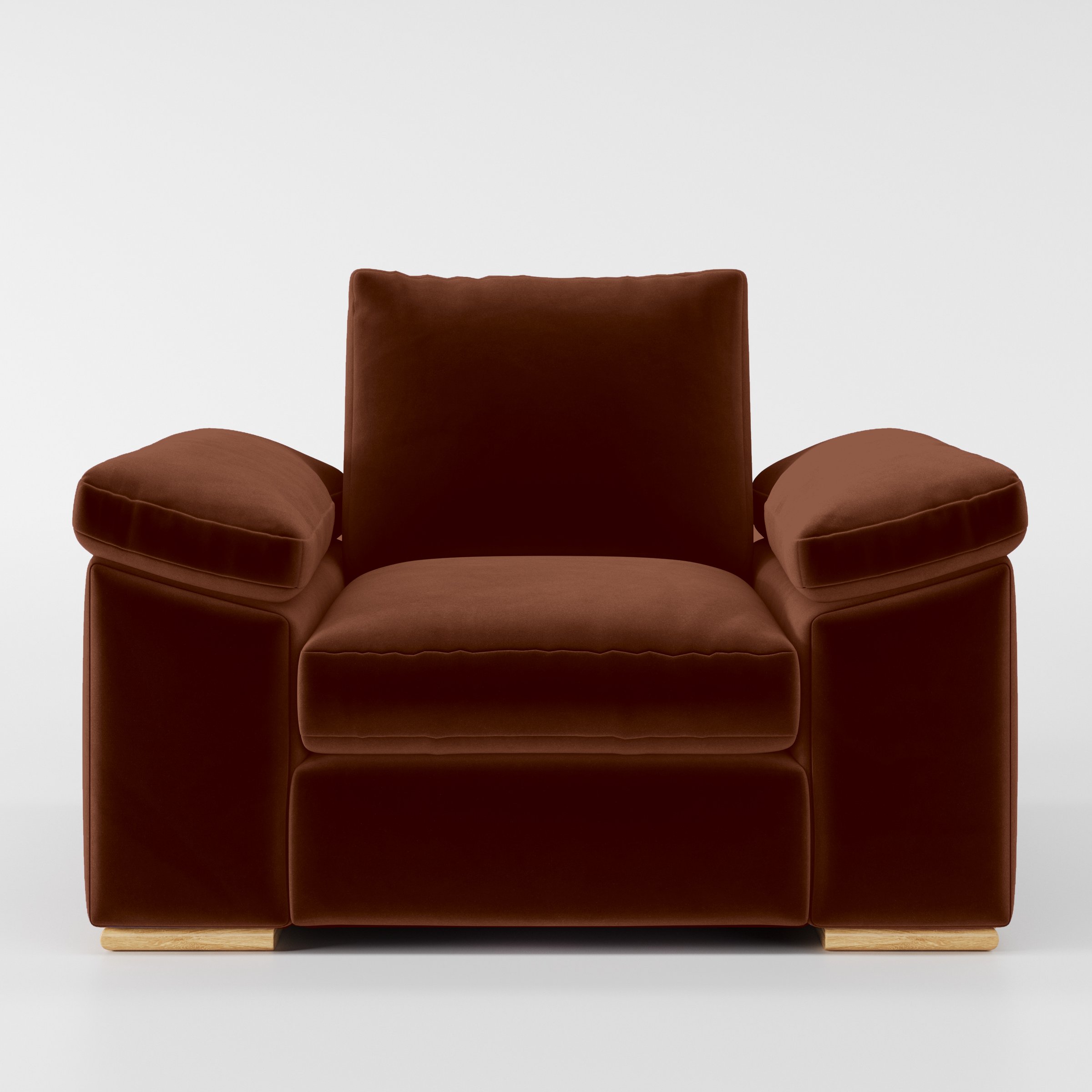 Front view of the Moy armchair upholstered in Plush EasyClean Velvet in Maple.