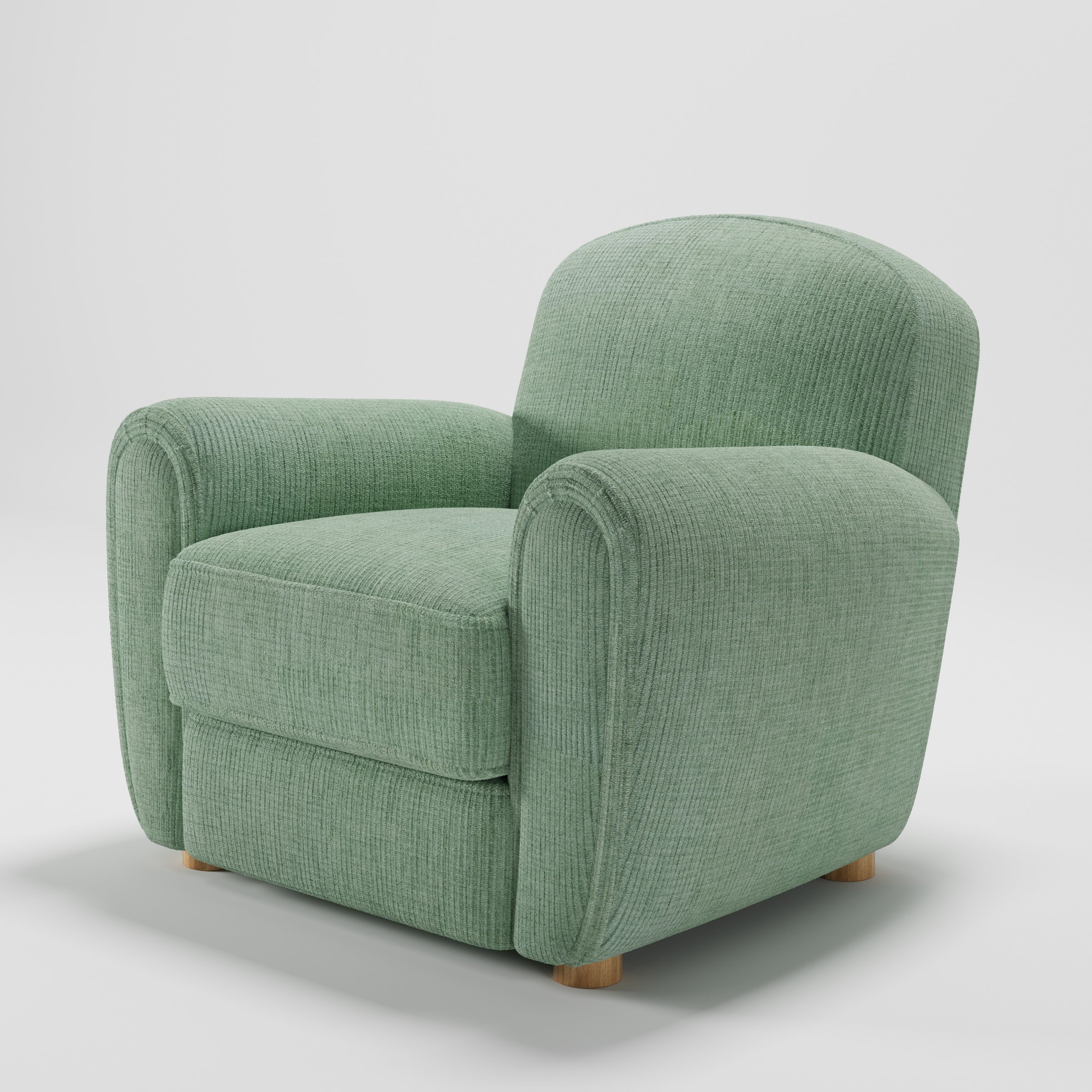Fergus armchair in Caldey Velvet Corduroy Eucalyptus shown at a diagonal angle highlighting rounded arms and seat depth.
