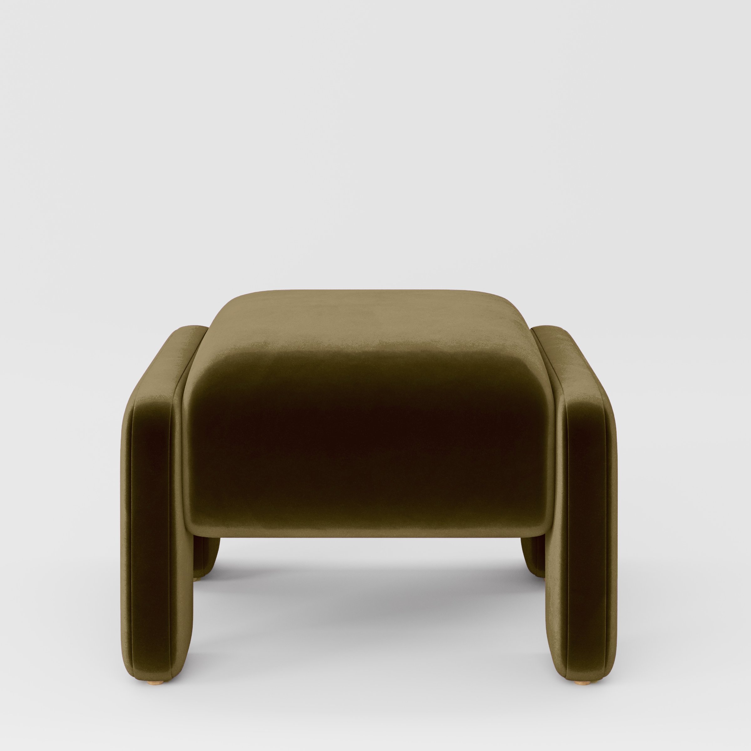 Front view of the Inny footstool upholstered in Plush EasyClean Velvet in Cedar.
