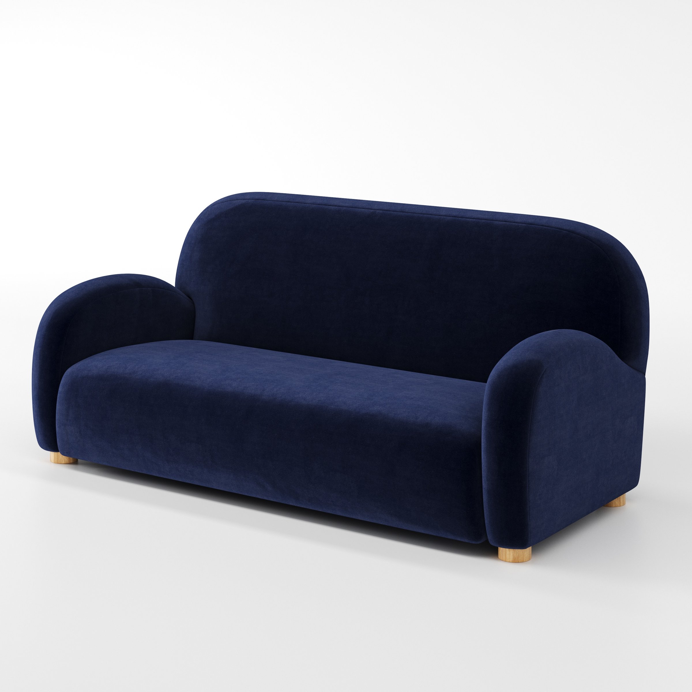 Awe sofa in Noss Velvet Navy shown at a diagonal angle highlighting arm profile and seat depth.