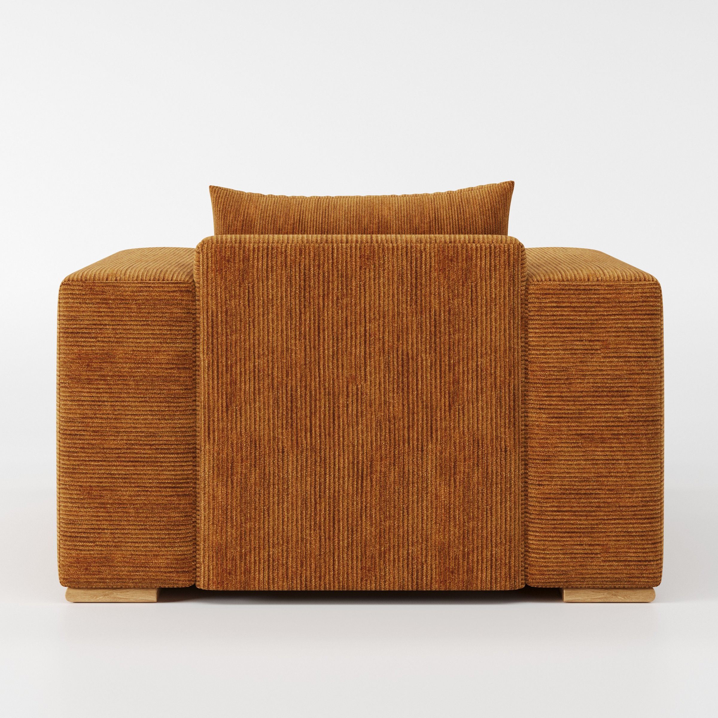 Fane armchair in Caldey Velvet Corduroy Tobacco shown from the rear highlighting backrest shape and upholstery finish.